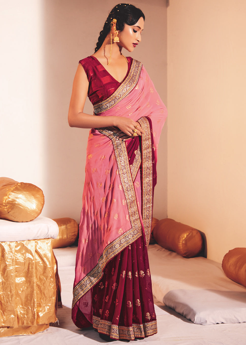 Cornflower Lilac Pink Woven Georgette Silk Saree