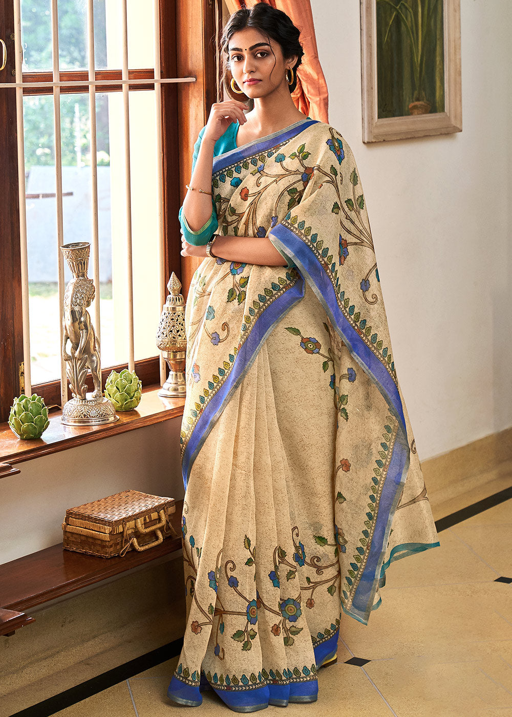 Colonial Cream and Blue Cotton Linen Batik Printed Saree