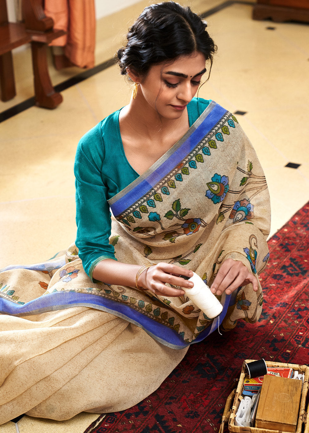 Colonial Cream and Blue Cotton Linen Batik Printed Saree