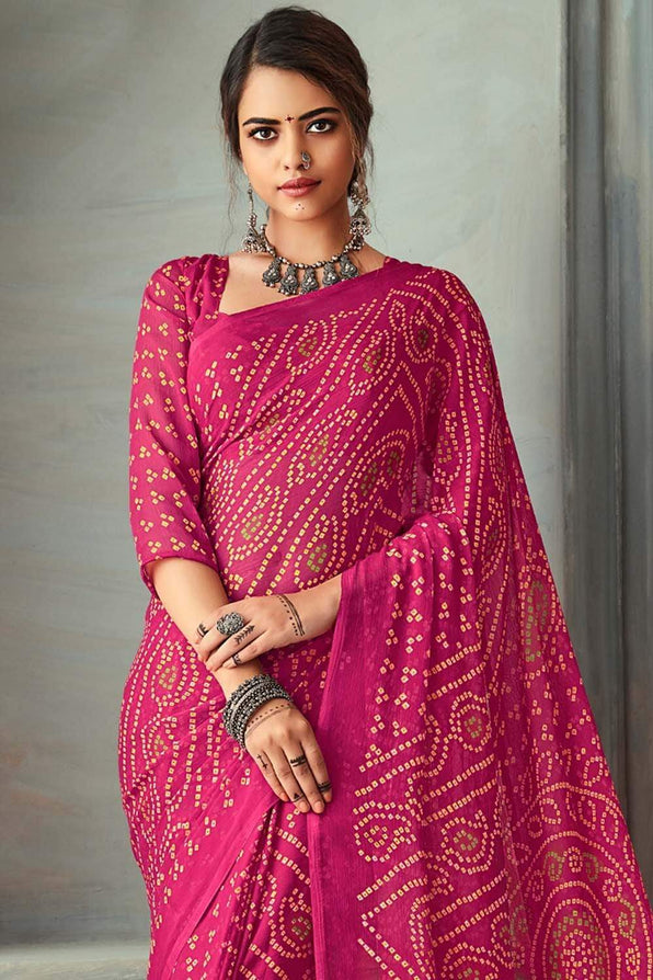 Shimmer Pink Chiffon Bandhani Printed Saree