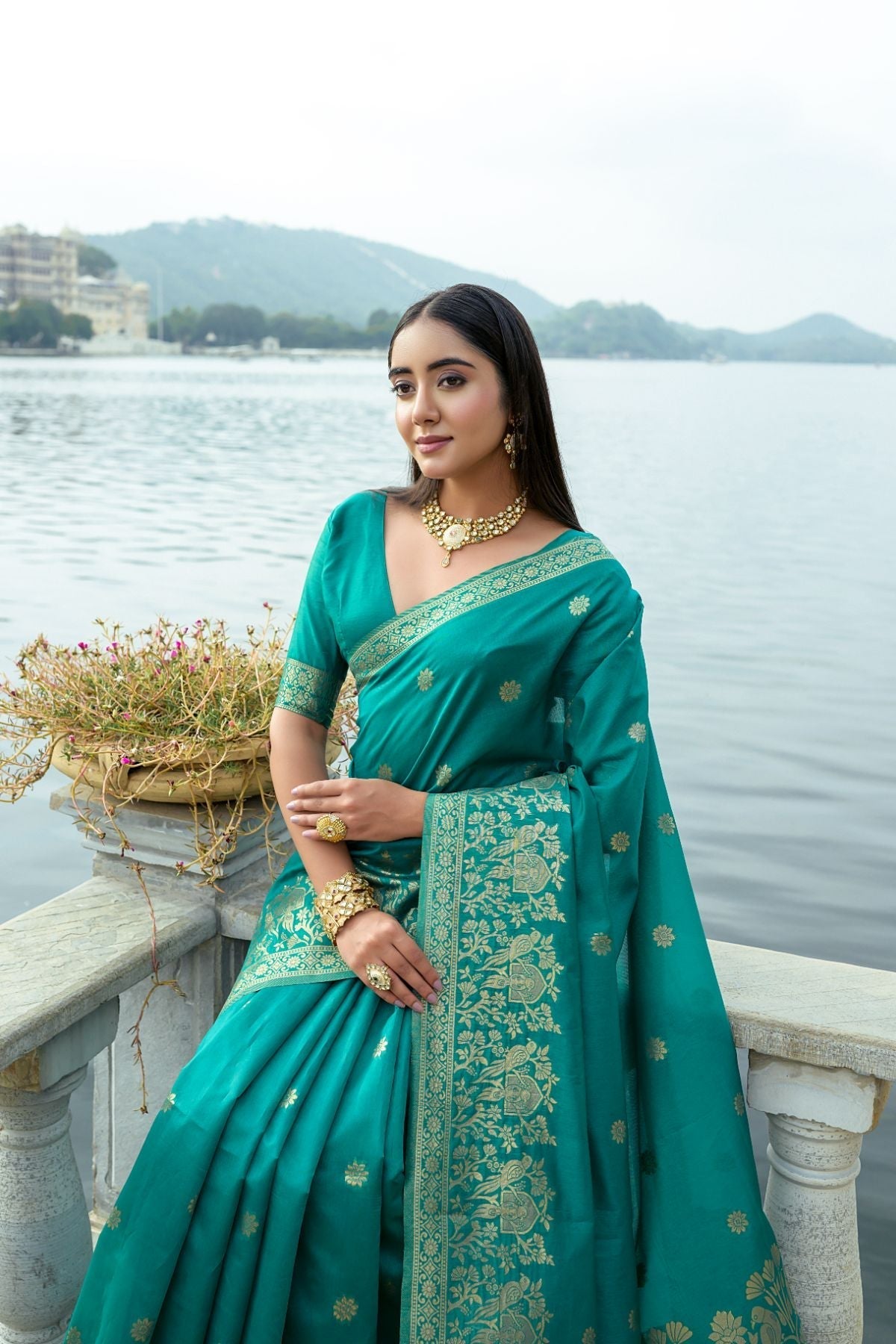 Amazon Green Banarasi Soft Silk Saree