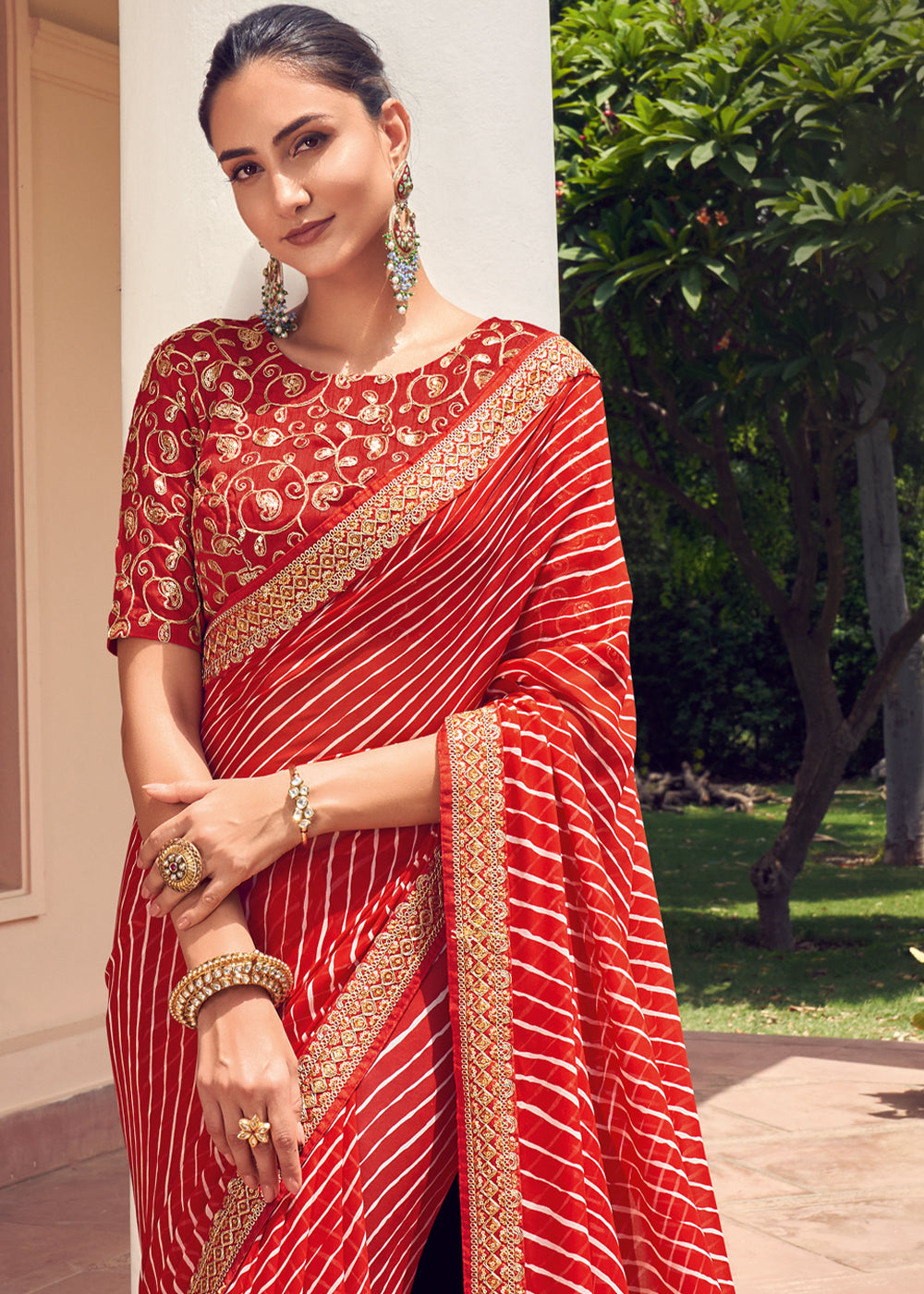 Valencia Red Lehriya Print Georgette Saree With Embroidered Blouse