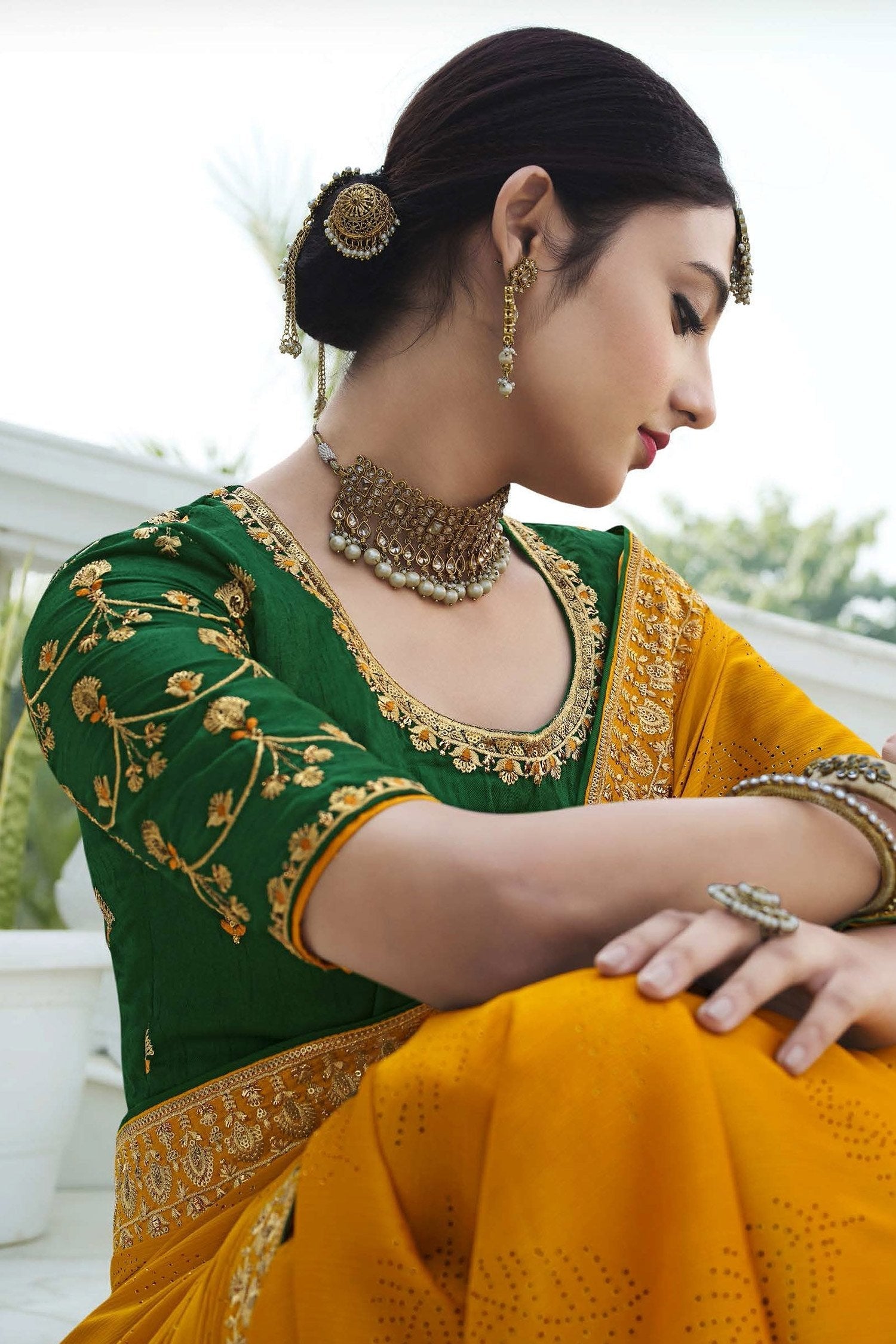 Meteor Yellow and Green Chiffon Stone Work Saree