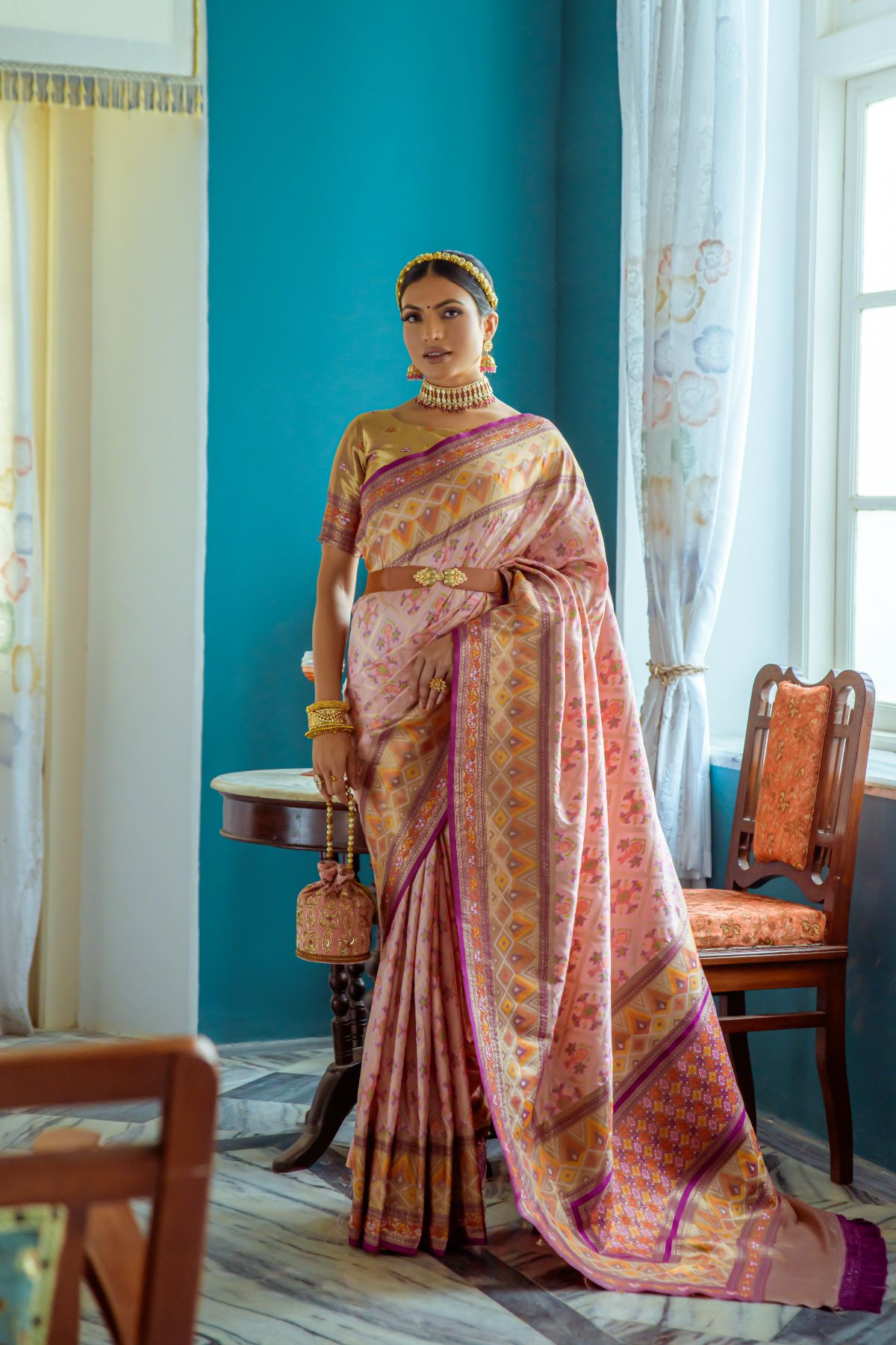 Brandy Rose Pink Banarasi Patola Silk Saree