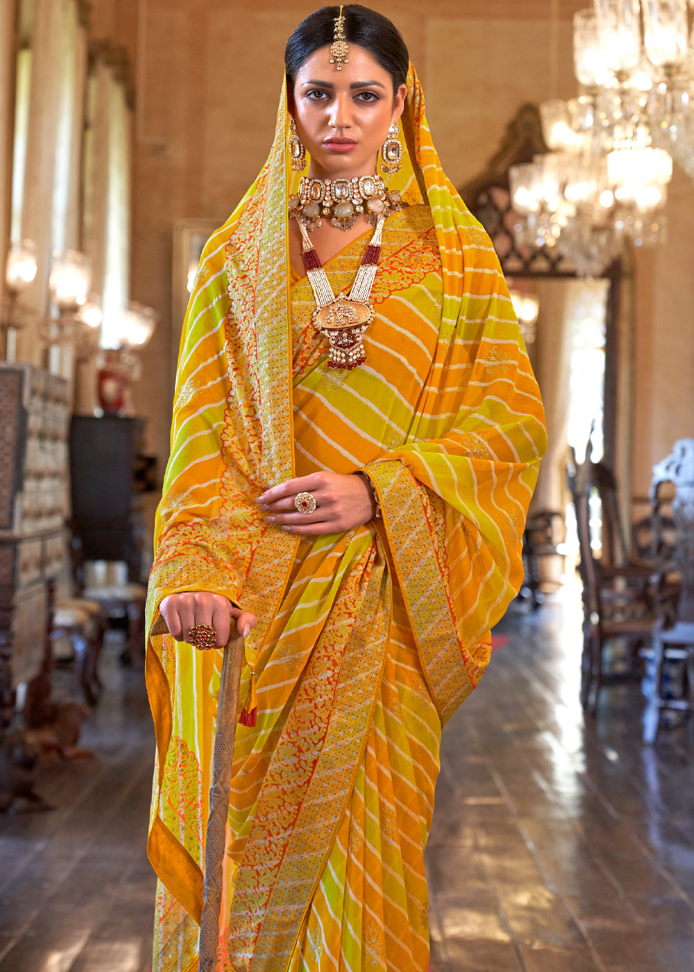 Fuel Yellow Lehariya Georgette Silk Saree