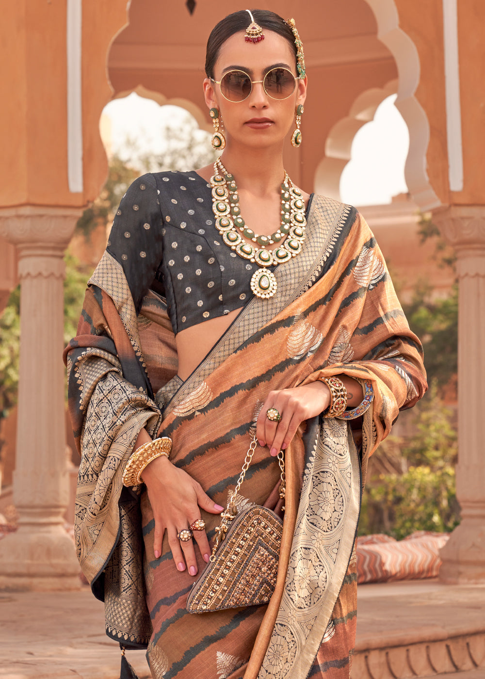 Nutmeg Brown Woven Soft Textured Printed Silk Saree