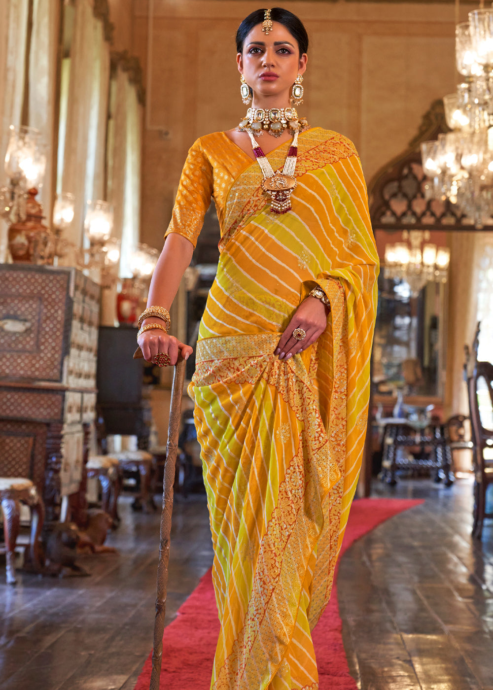 Fuel Yellow Lehariya Georgette Silk Saree