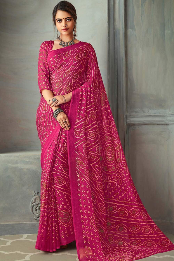 Shimmer Pink Chiffon Bandhani Printed Saree