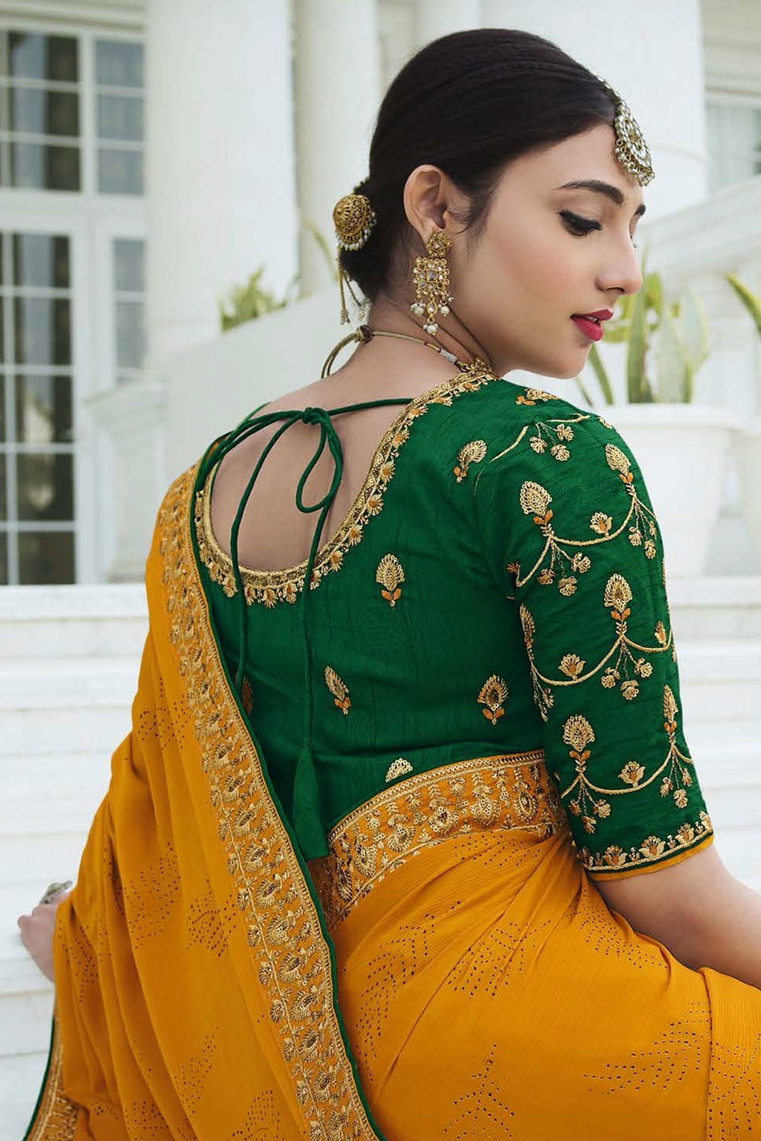 Meteor Yellow and Green Chiffon Stone Work Saree