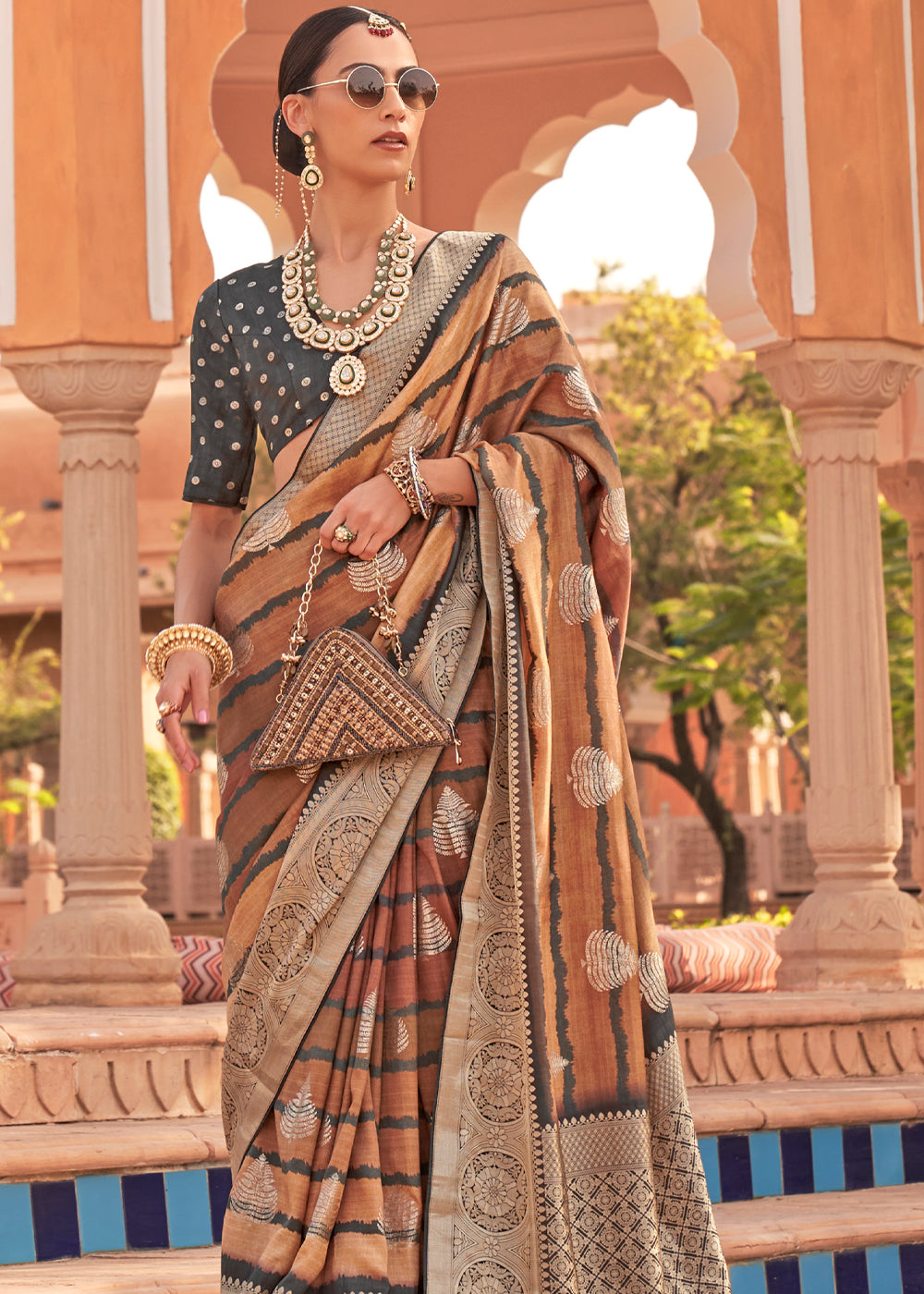 Nutmeg Brown Woven Soft Textured Printed Silk Saree