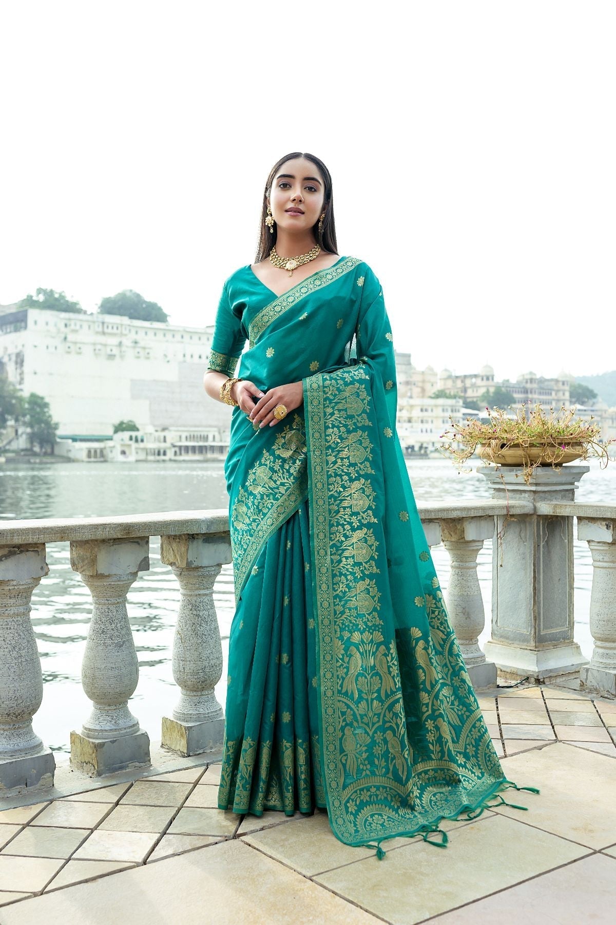 Amazon Green Banarasi Soft Silk Saree