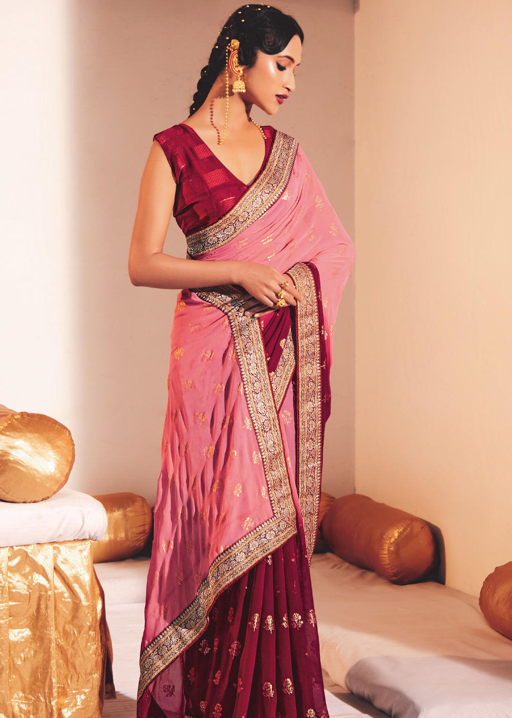 Cornflower Lilac Pink Woven Georgette Silk Saree