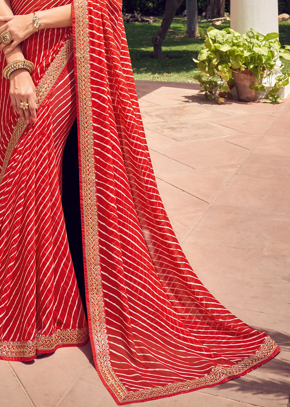 Valencia Red Lehriya Print Georgette Saree With Embroidered Blouse