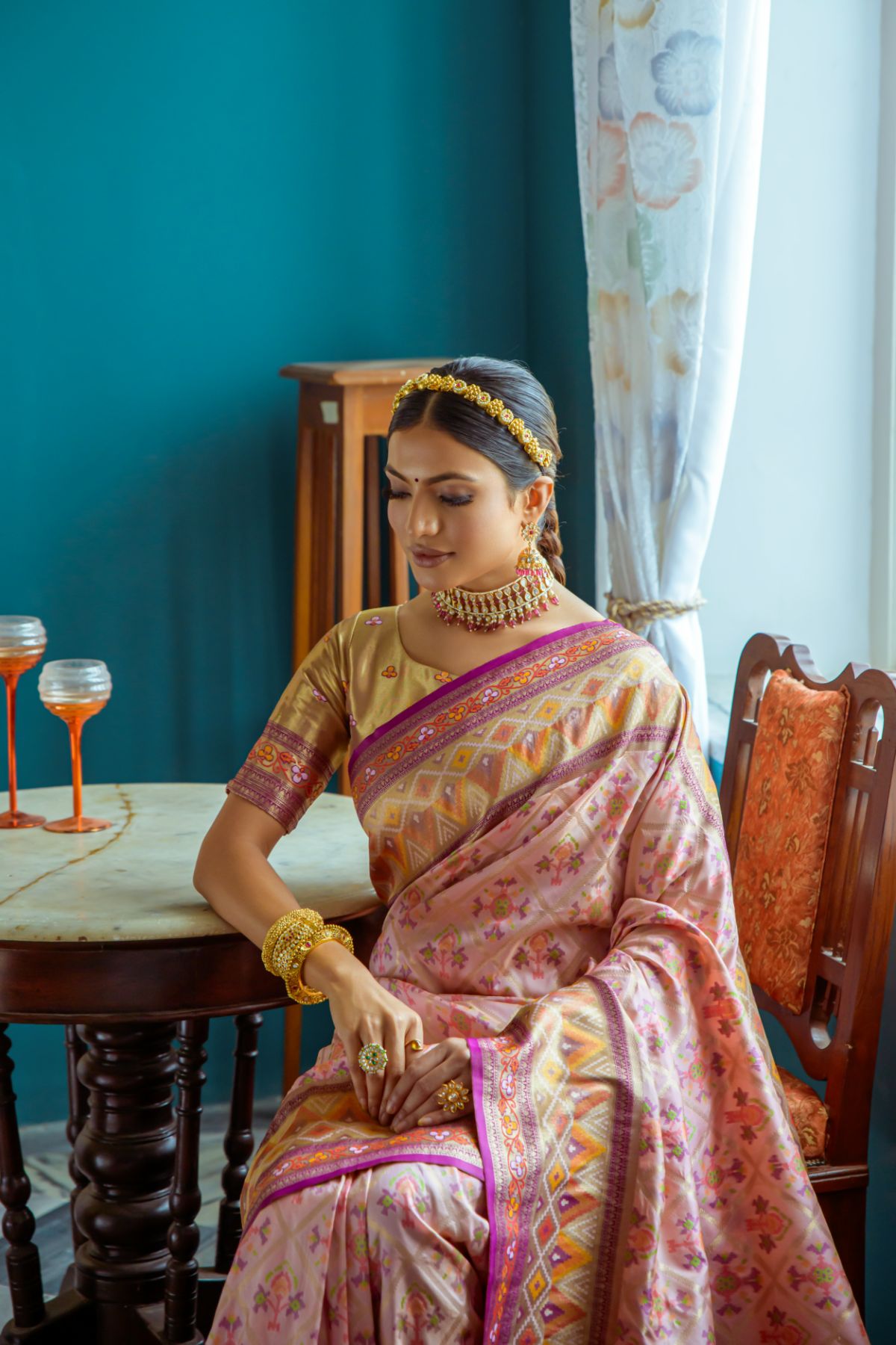 Brandy Rose Pink Banarasi Patola Silk Saree