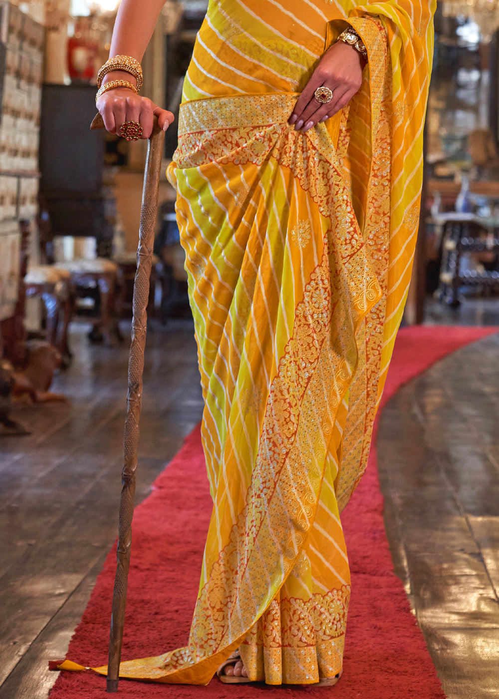 Fuel Yellow Lehariya Georgette Silk Saree