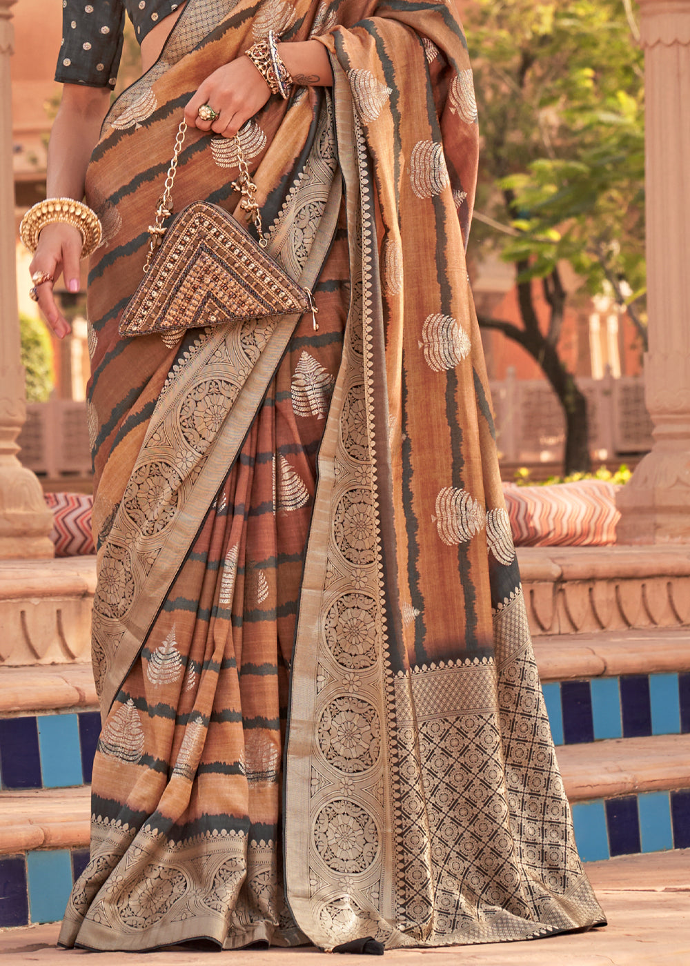 Nutmeg Brown Woven Soft Textured Printed Silk Saree