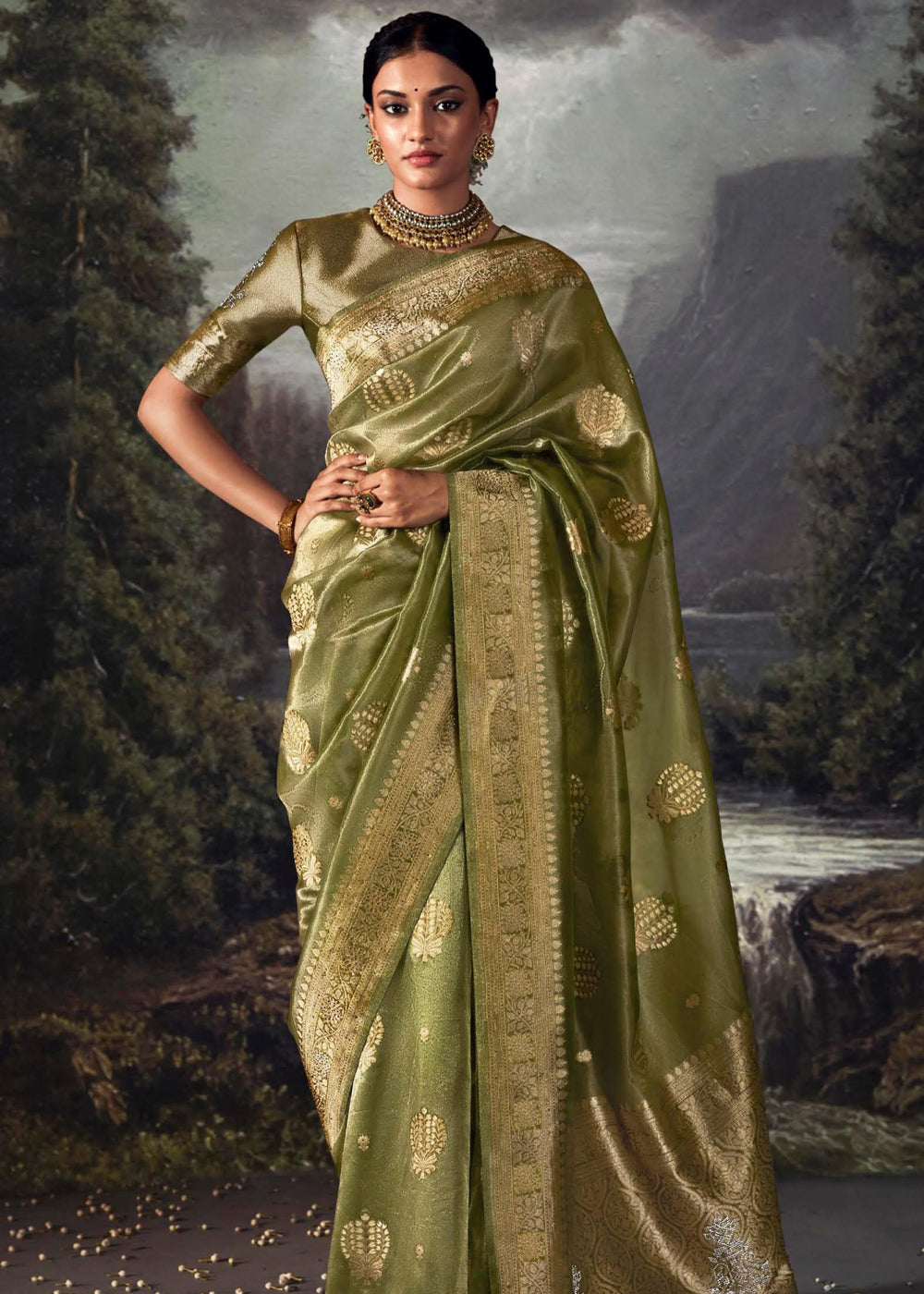 Costa Del Sol Green Woven Banarasi Organza Silk Saree