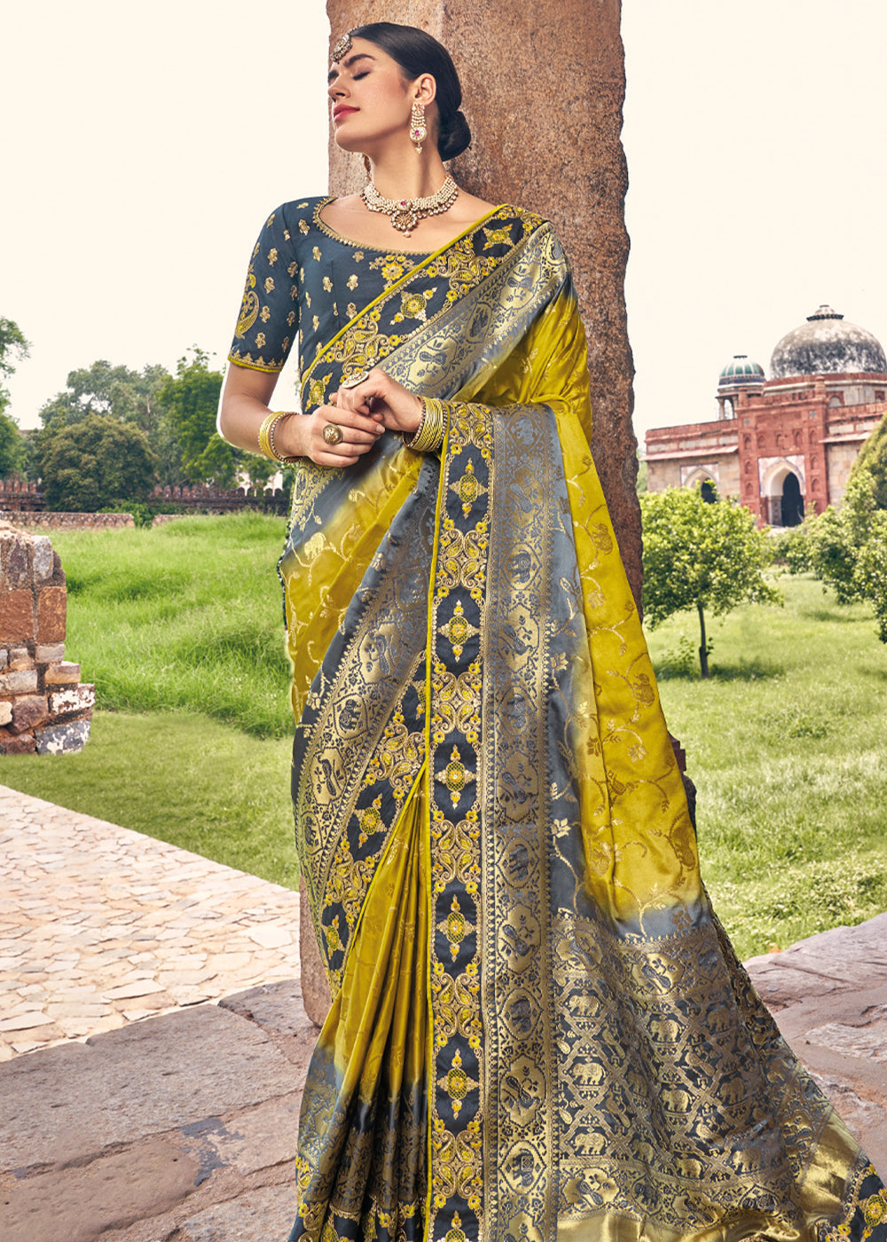 Rob Roy Yellow and Blue Zari Woven Designer Banarasi Saree