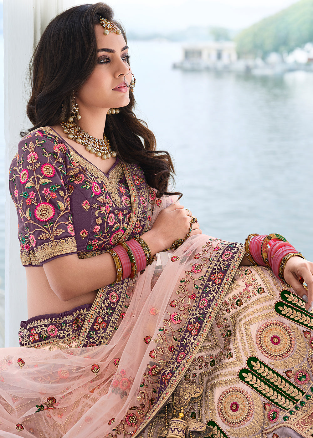 Eunry Pink and Purple Dual Tone Heavy Embroidered Velvet Lehenga