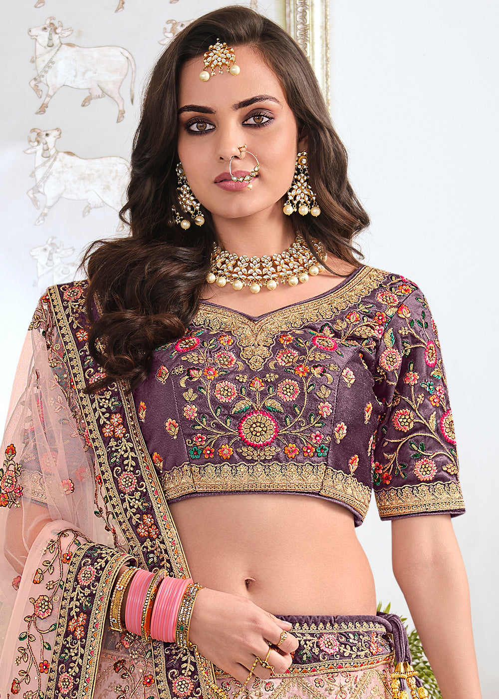 Eunry Pink and Purple Dual Tone Heavy Embroidered Velvet Lehenga