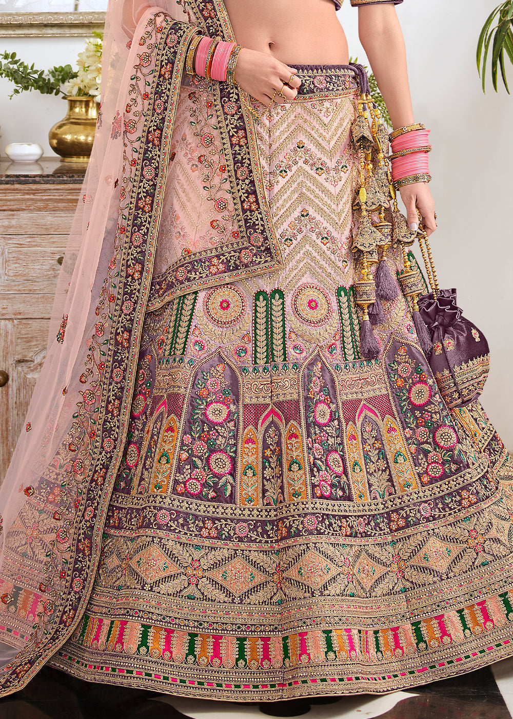 Eunry Pink and Purple Dual Tone Heavy Embroidered Velvet Lehenga