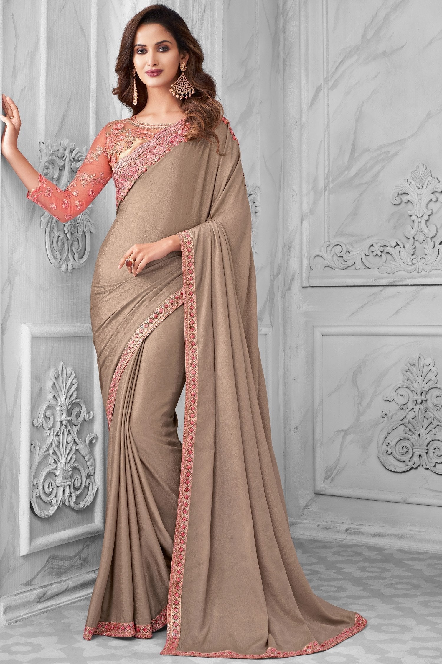 Rodeo Dust Brown Chiffon Shimmer Designer Silk Saree