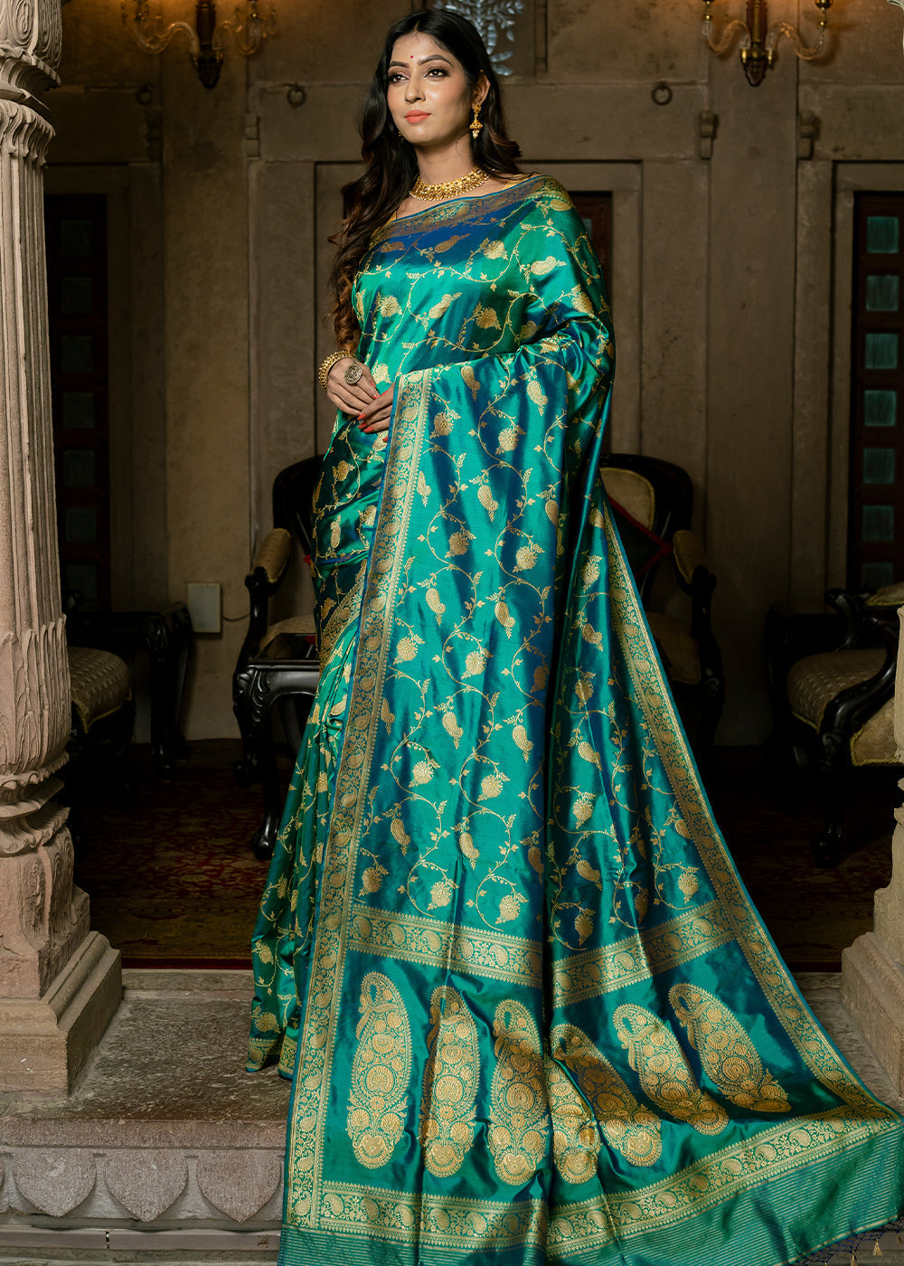 Persian Green Hand Woven Katan Pure Silk Saree