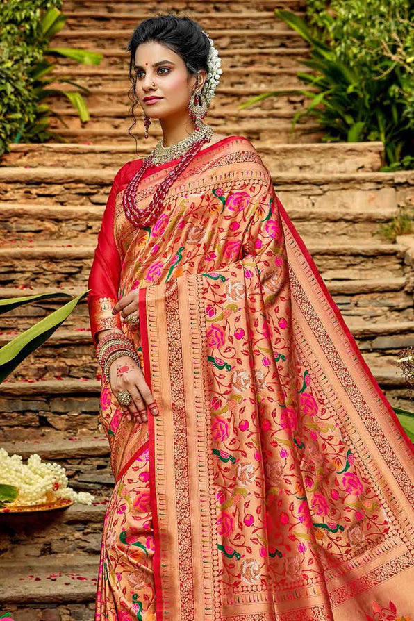 Punch Red Golden Zari Woven Paithani Saree