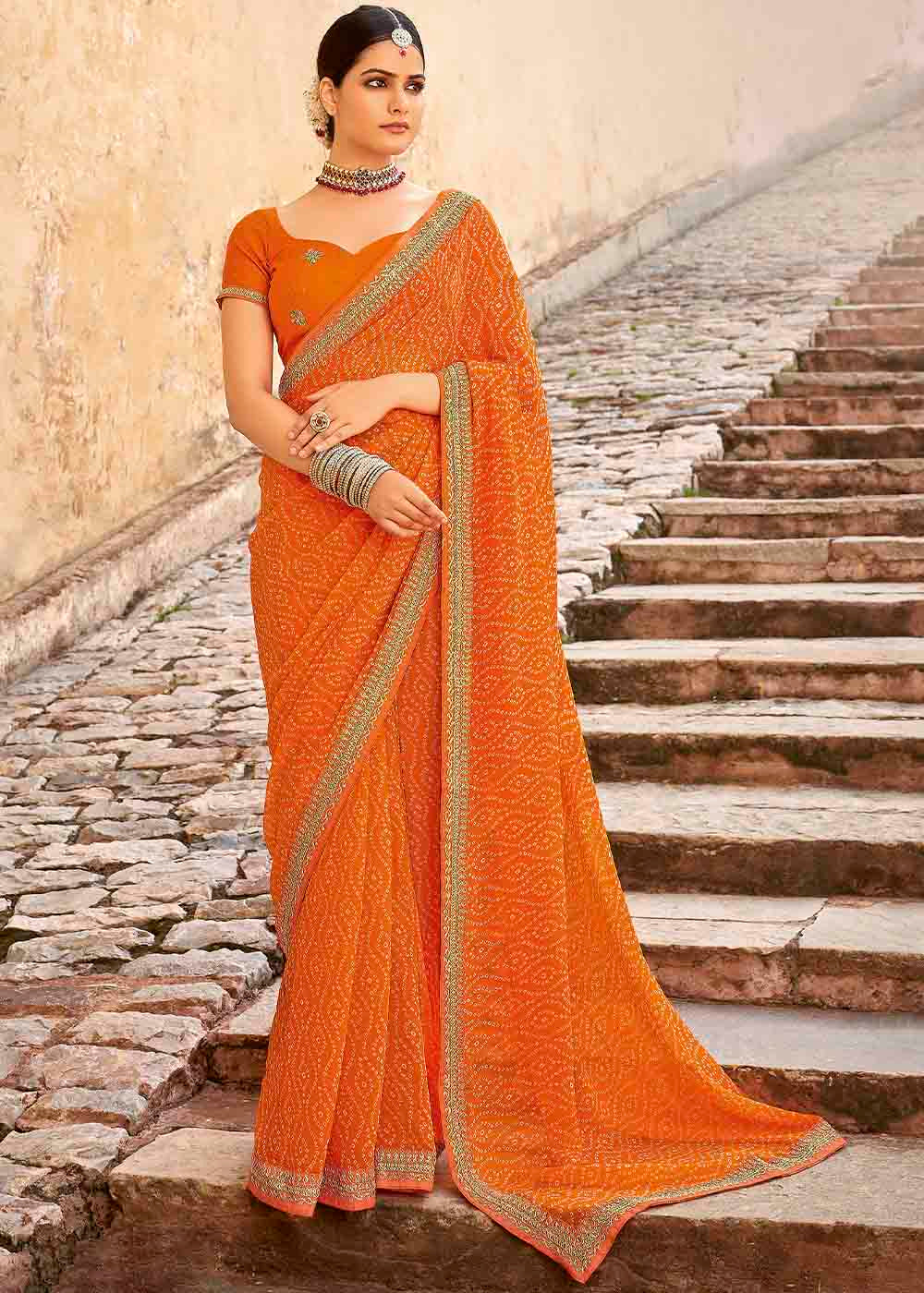 Flamingo Orange Georgette Leheriya Printed Saree with Embroidered Blouse