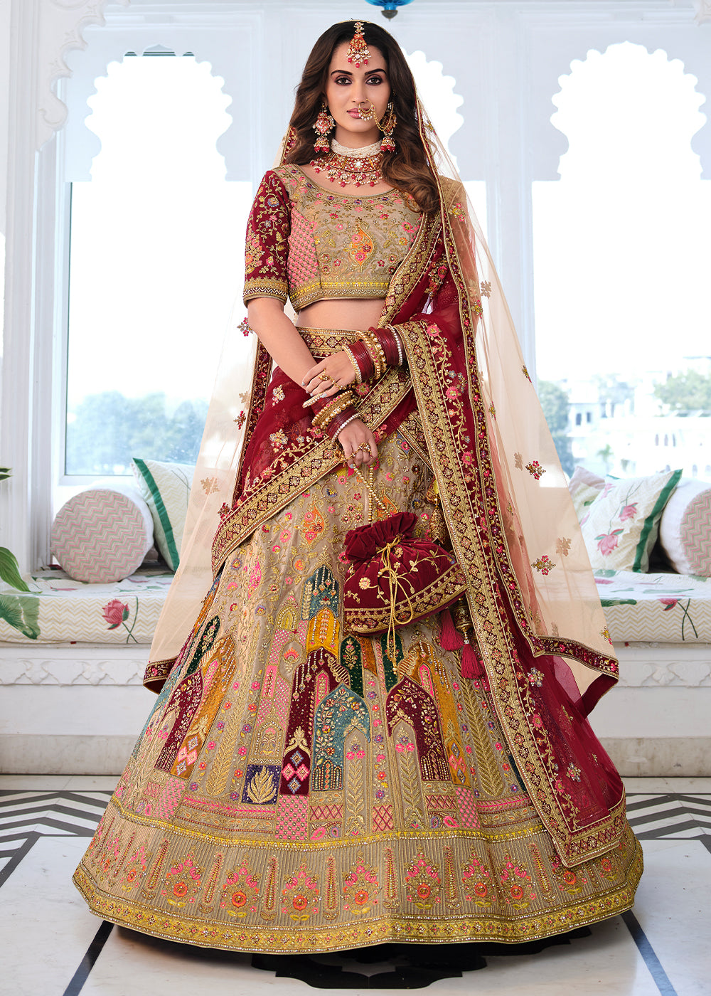 Twine Brown and Maroon Heavy Embroidered Velvet Lehenga