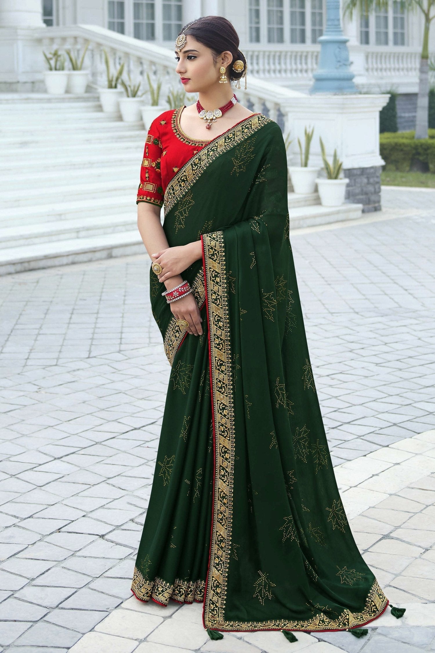 Celtic Green and Red Chiffon Stone Work Saree