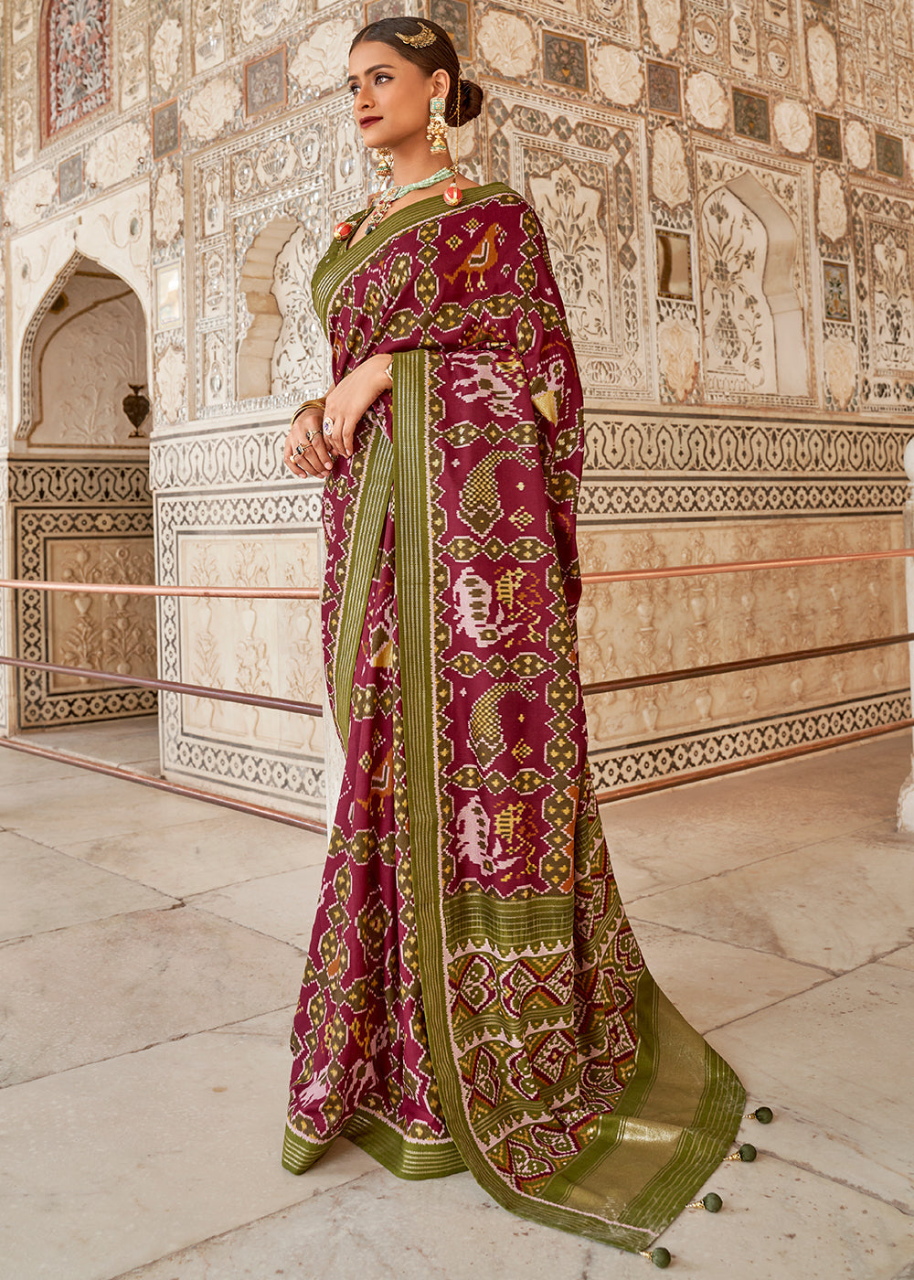 Rust Purple and Green Cotton Patola Printed Saree