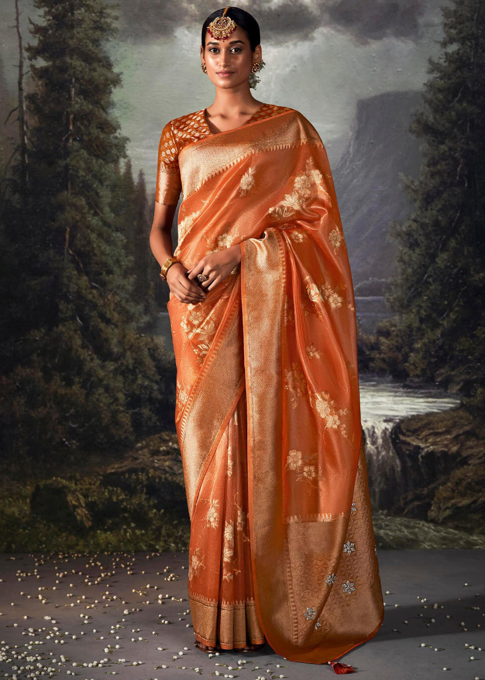 Chardonnay Orange Woven Banarasi Organza Silk Saree