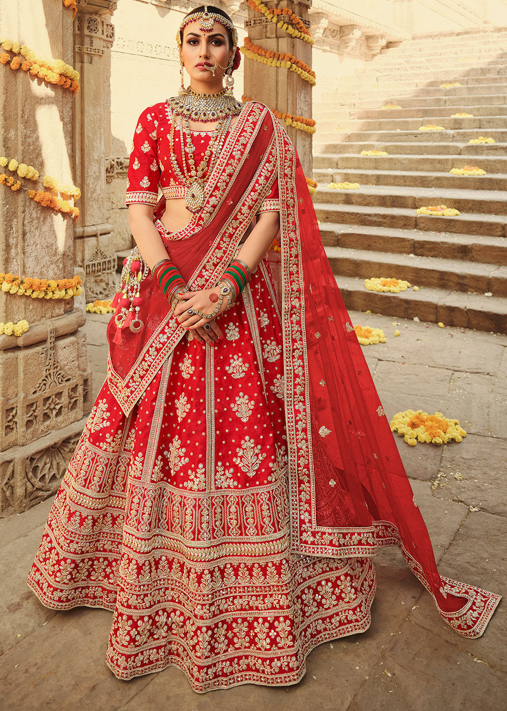 Red Salsa Silk Lehenga Choli With Heavy Zari Embroidery