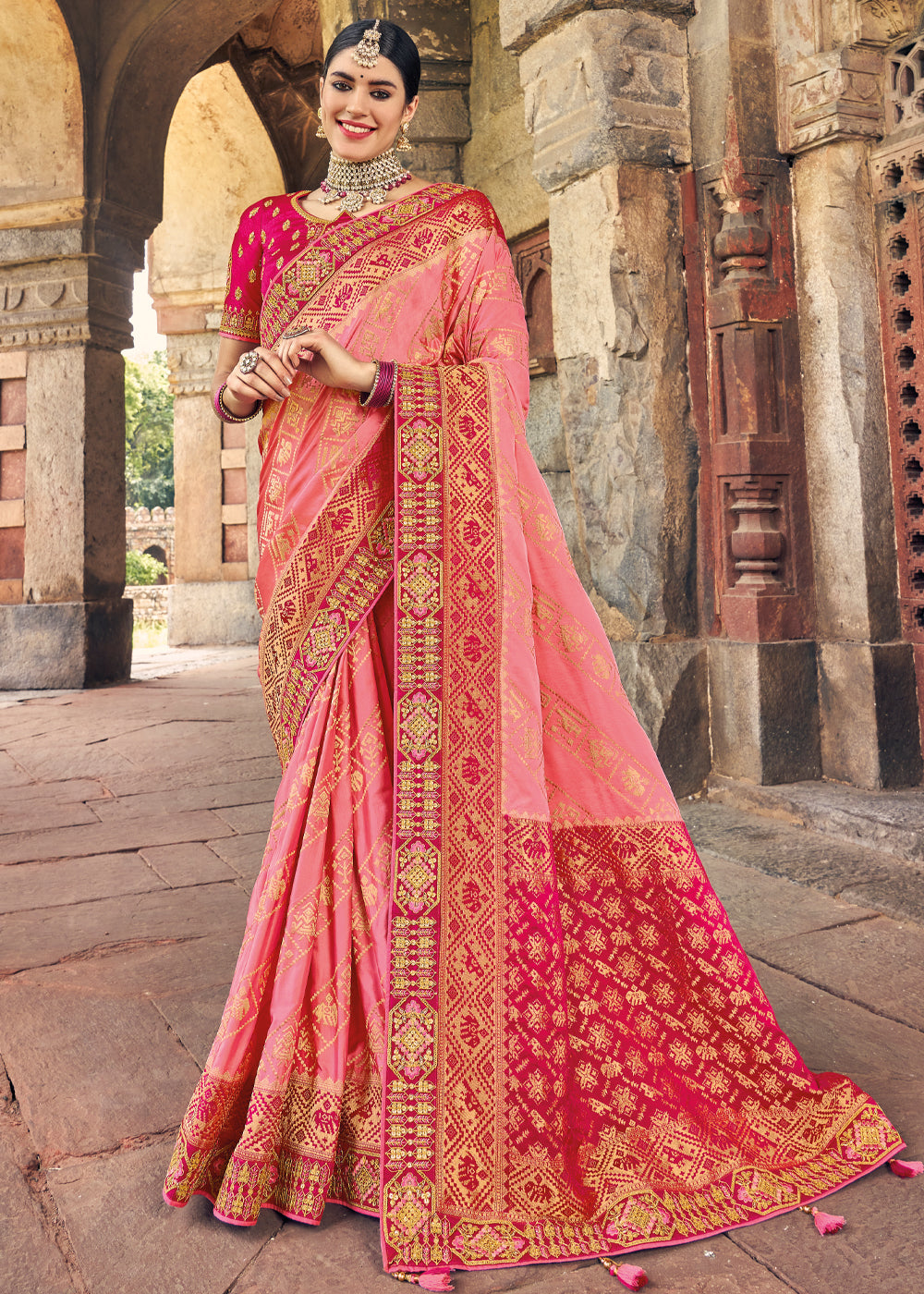 Apricot Pink and Red Zari Woven Designer Banarasi Saree