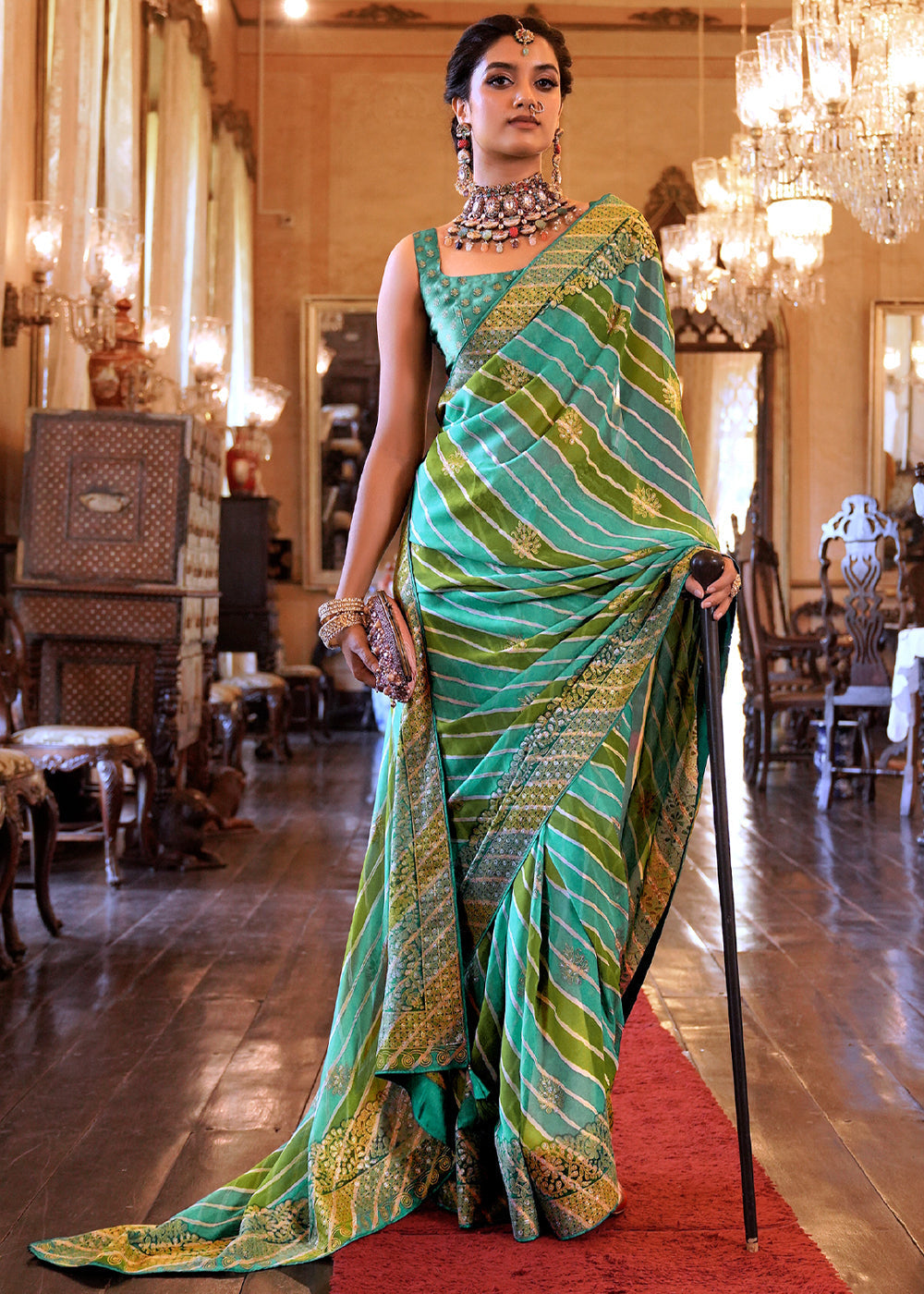 Tradewind Green Lehariya Georgette Silk Saree