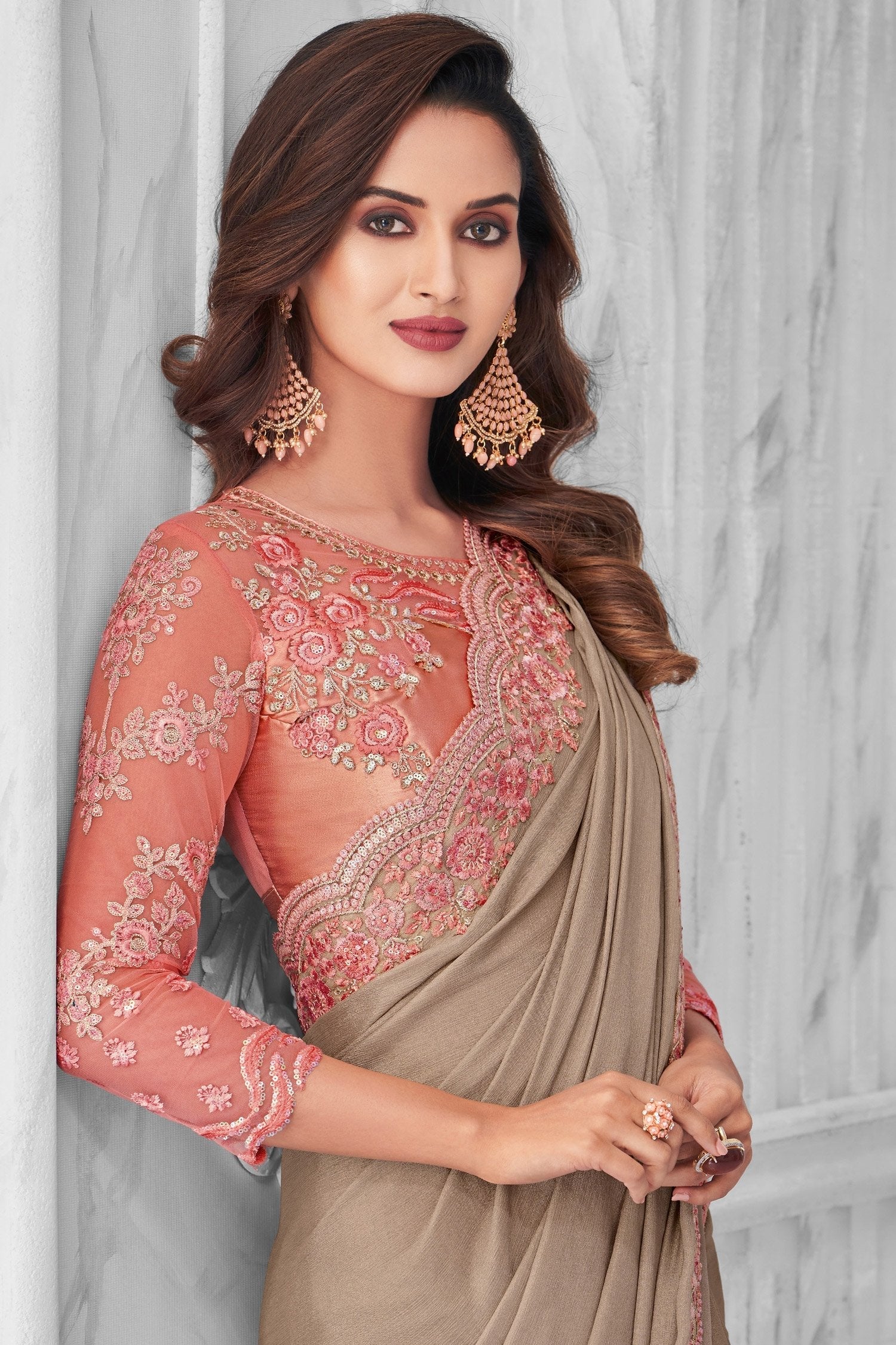 Rodeo Dust Brown Chiffon Shimmer Designer Silk Saree