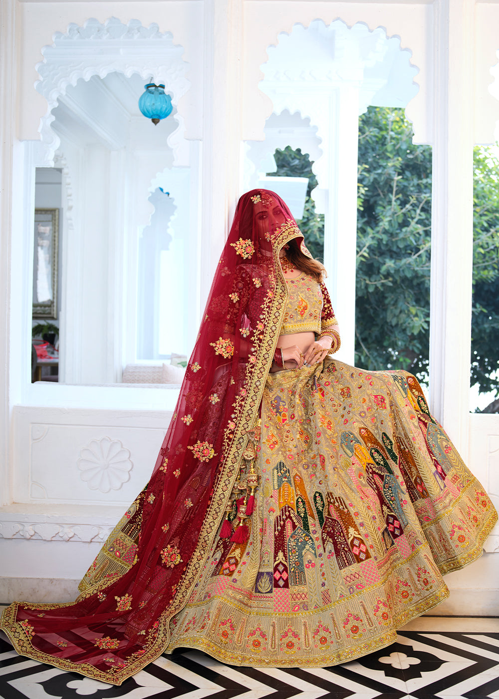 Twine Brown and Maroon Heavy Embroidered Velvet Lehenga