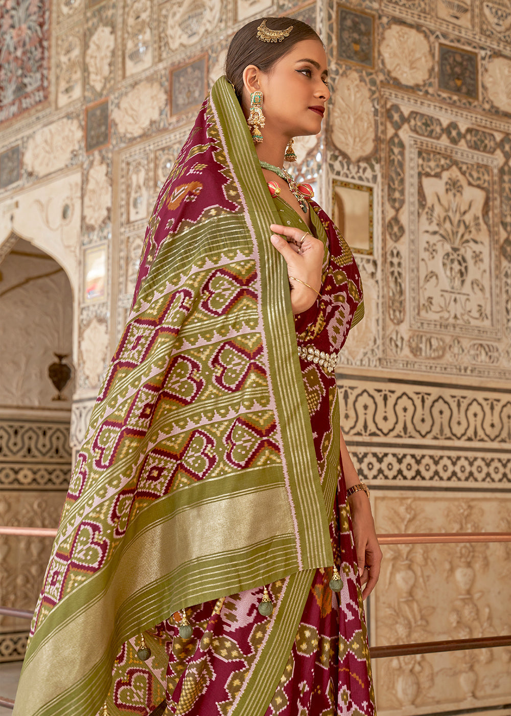 Rust Purple and Green Cotton Patola Printed Saree