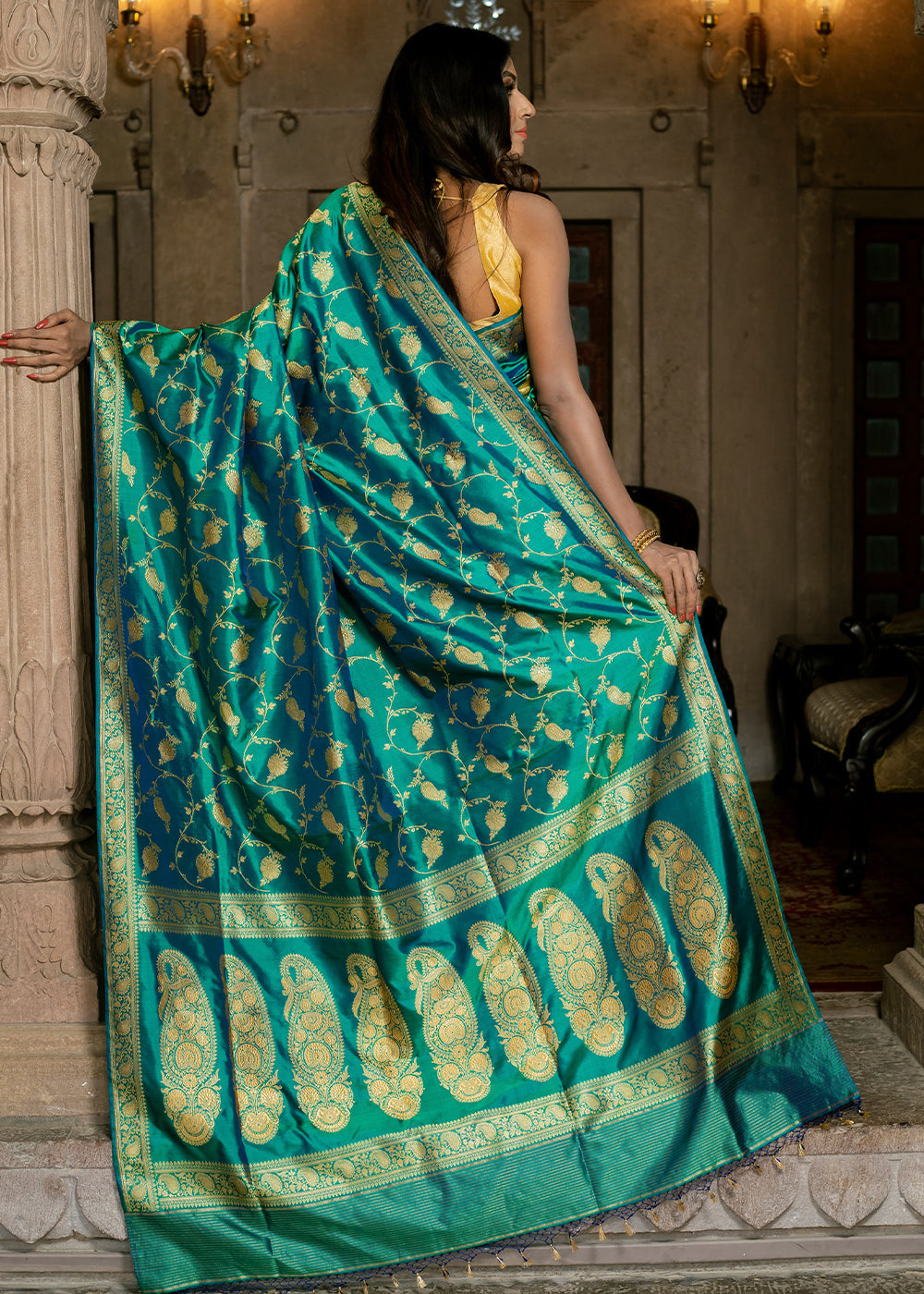 Persian Green Hand Woven Katan Pure Silk Saree