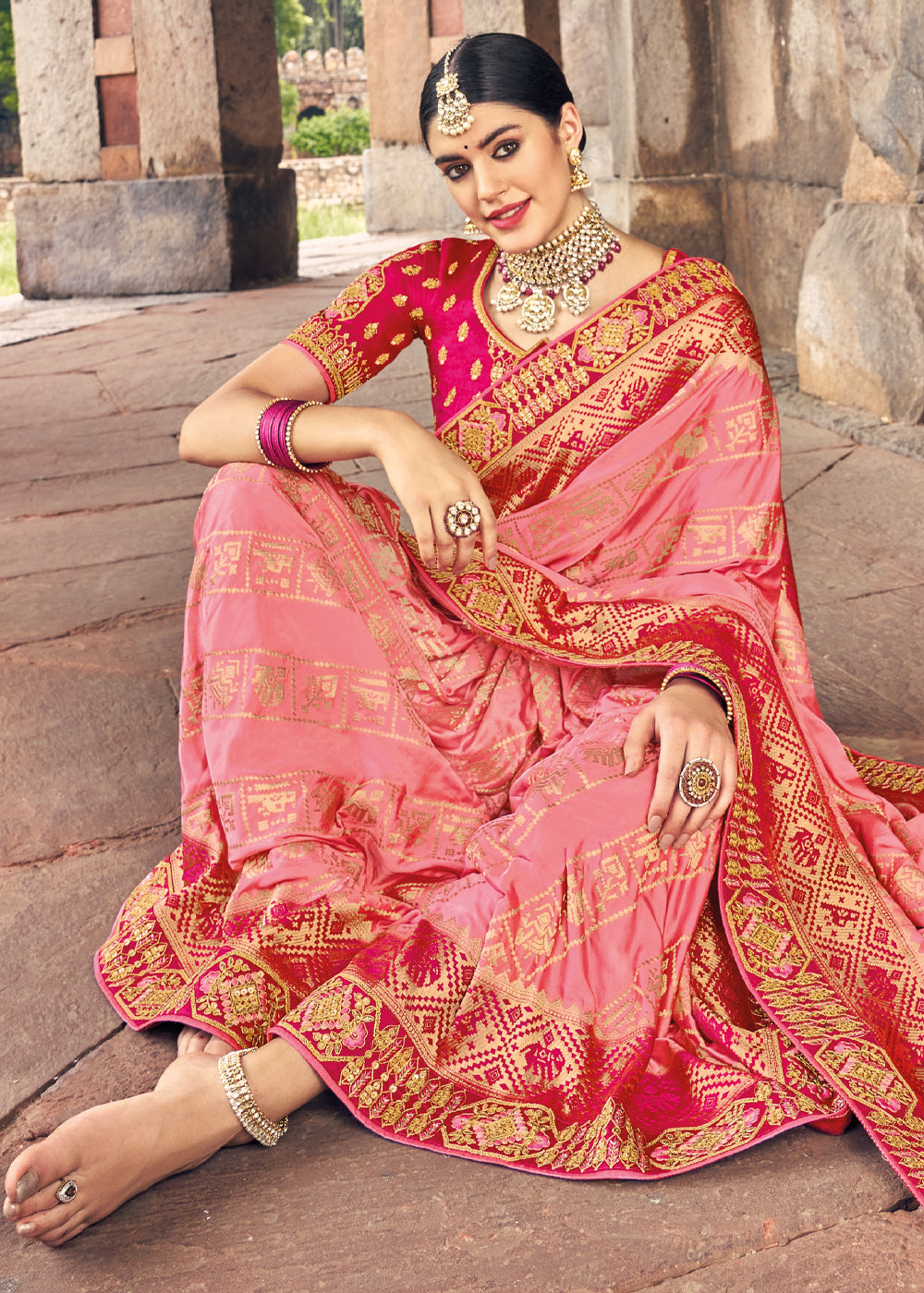 Apricot Pink and Red Zari Woven Designer Banarasi Saree