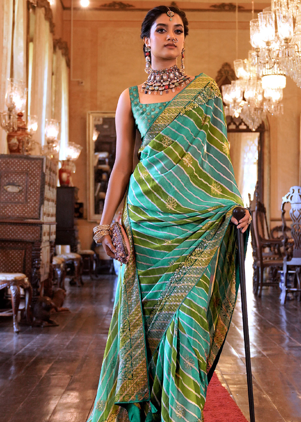 Tradewind Green Lehariya Georgette Silk Saree