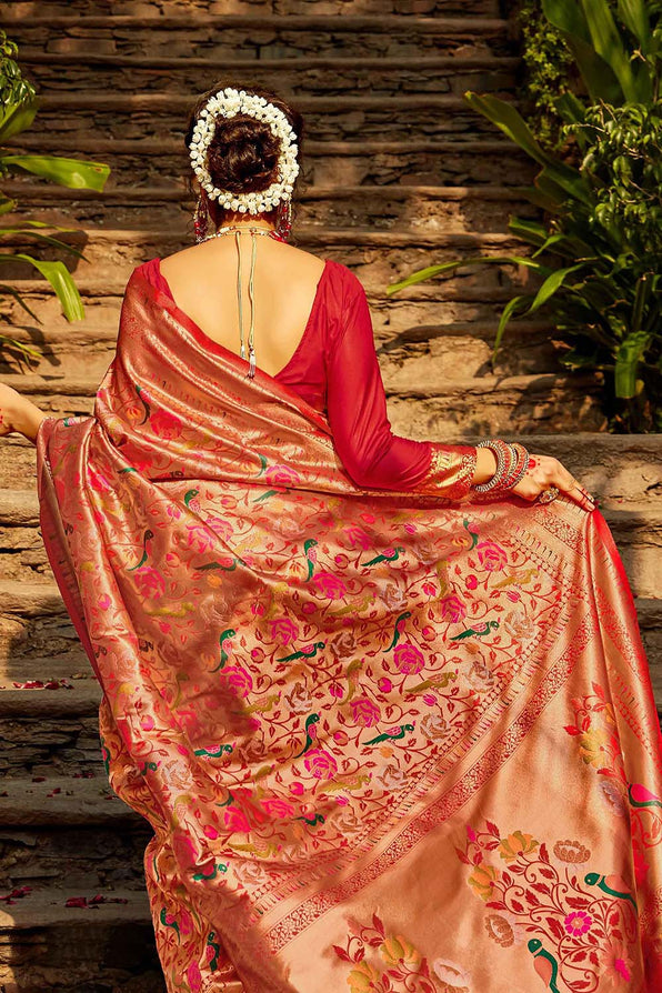 Punch Red Golden Zari Woven Paithani Saree