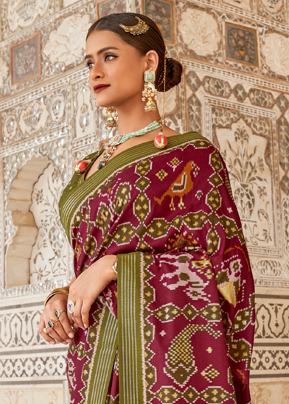 Rust Purple and Green Cotton Patola Printed Saree