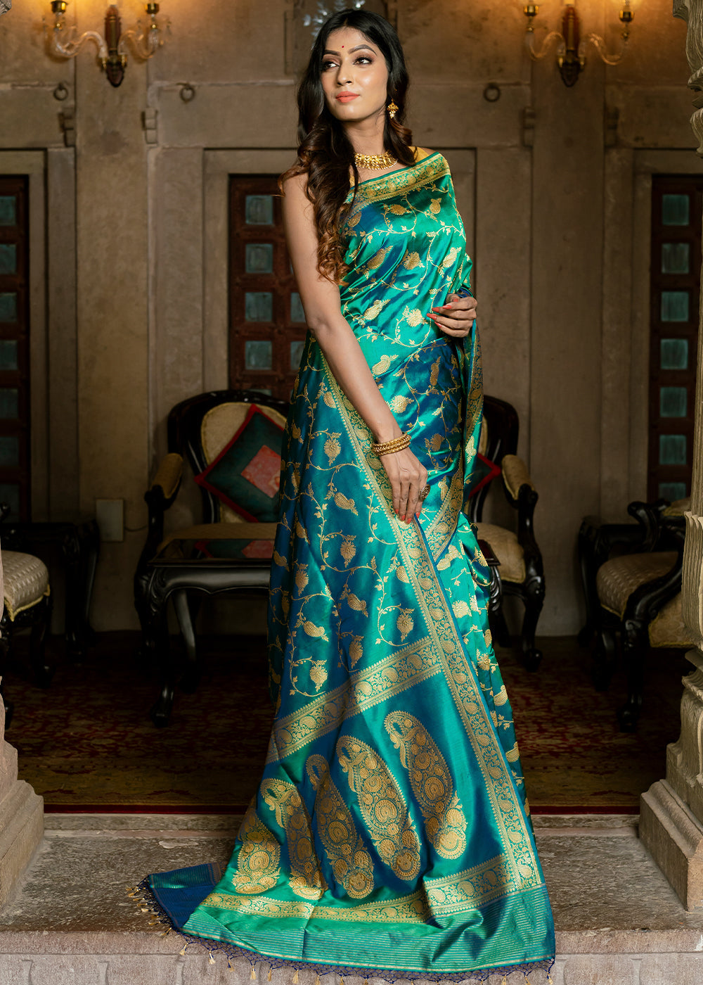 Persian Green Hand Woven Katan Pure Silk Saree