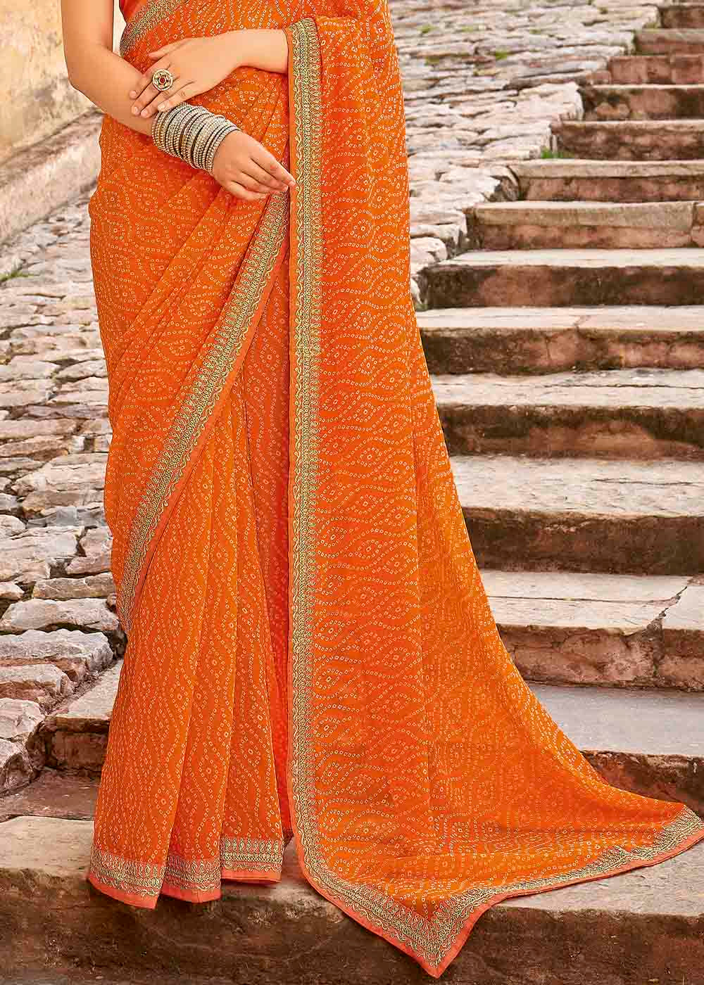 Flamingo Orange Georgette Leheriya Printed Saree with Embroidered Blouse