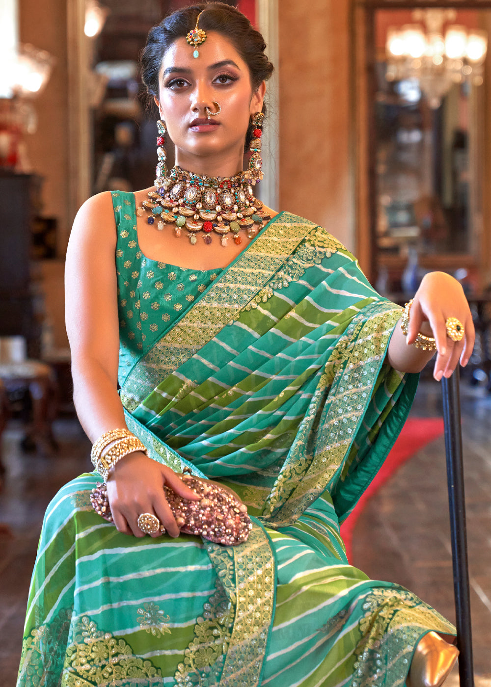 Tradewind Green Lehariya Georgette Silk Saree