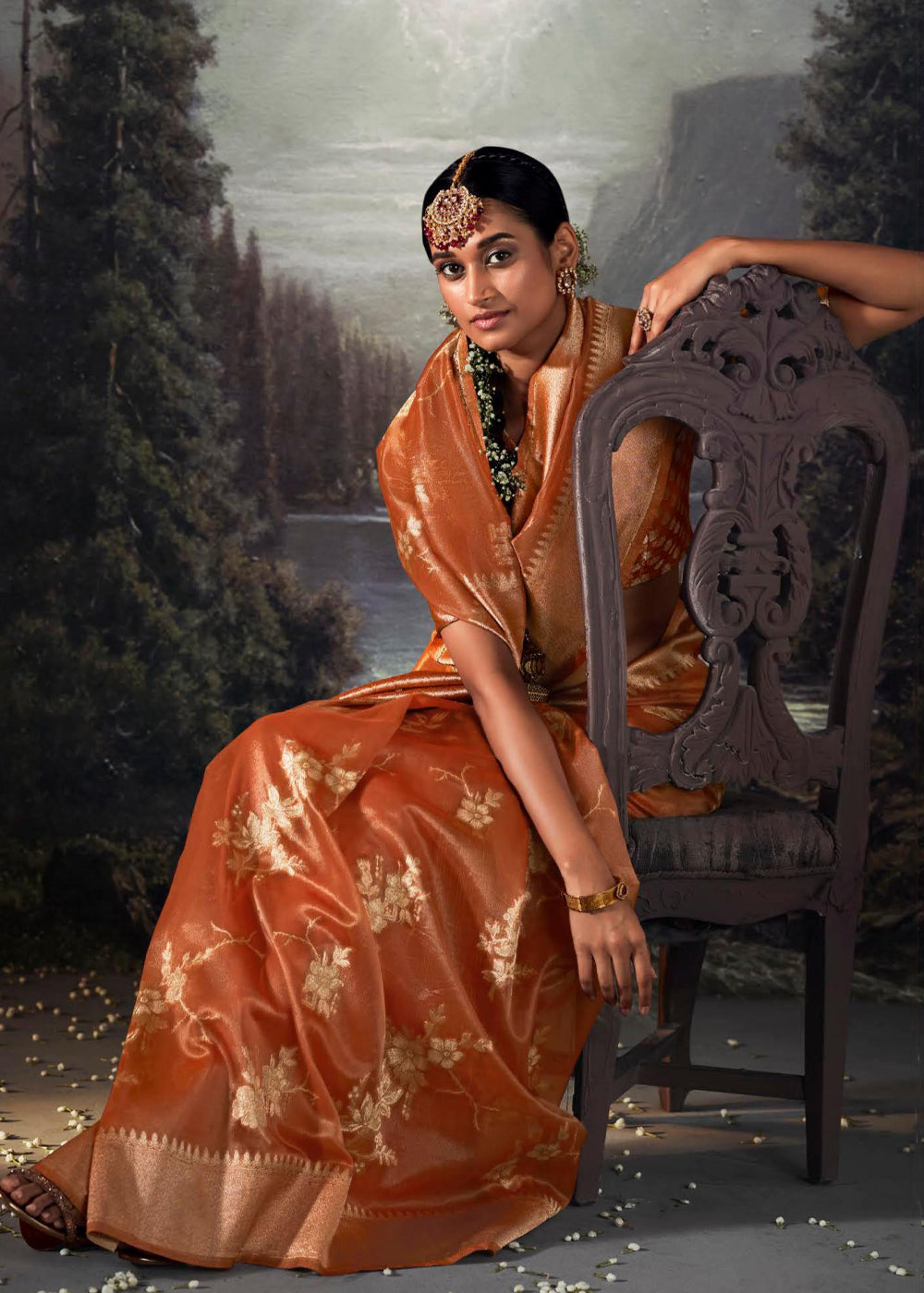 Chardonnay Orange Woven Banarasi Organza Silk Saree