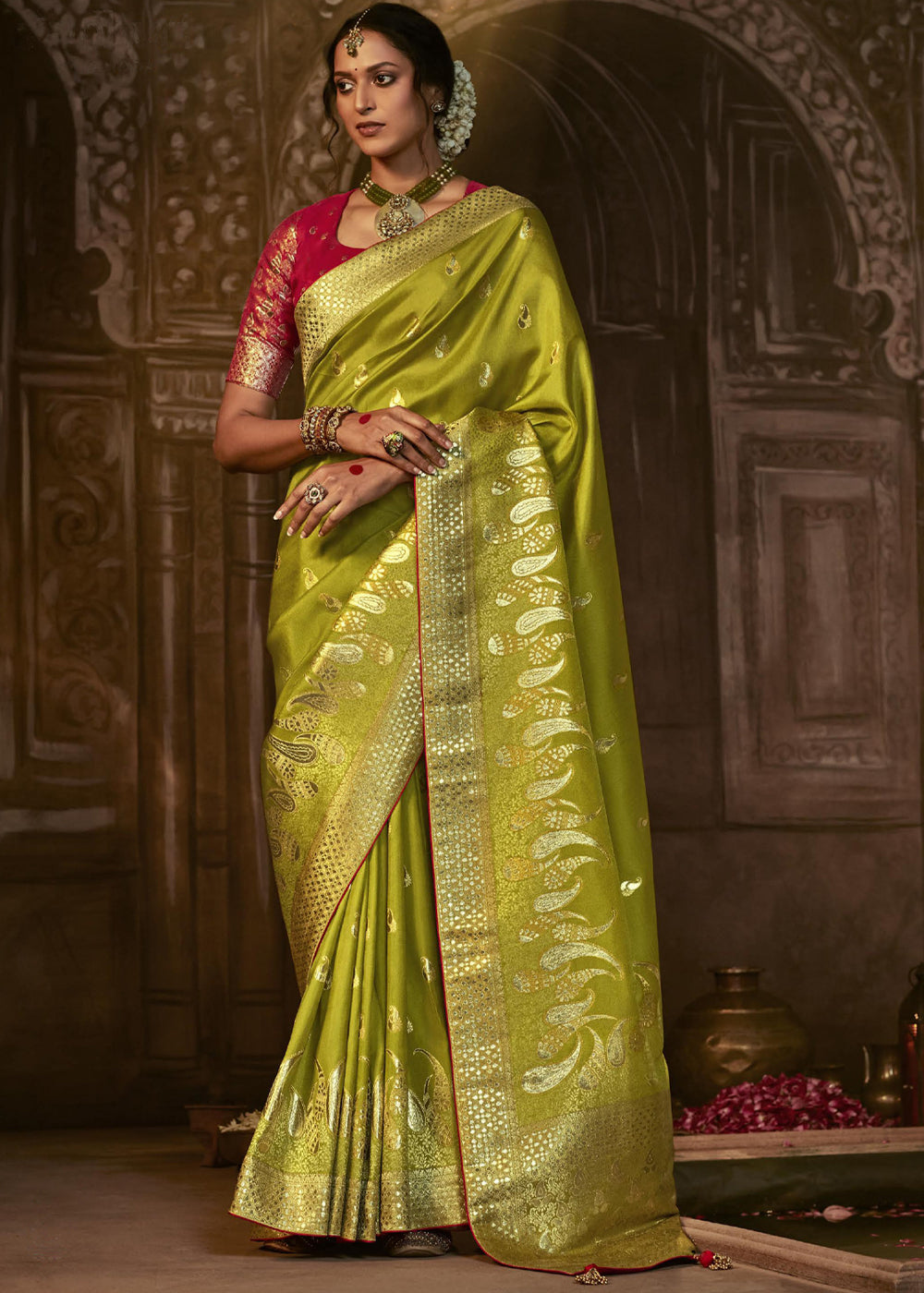 Reef Gold Green Woven Designer Banarasi Silk Saree