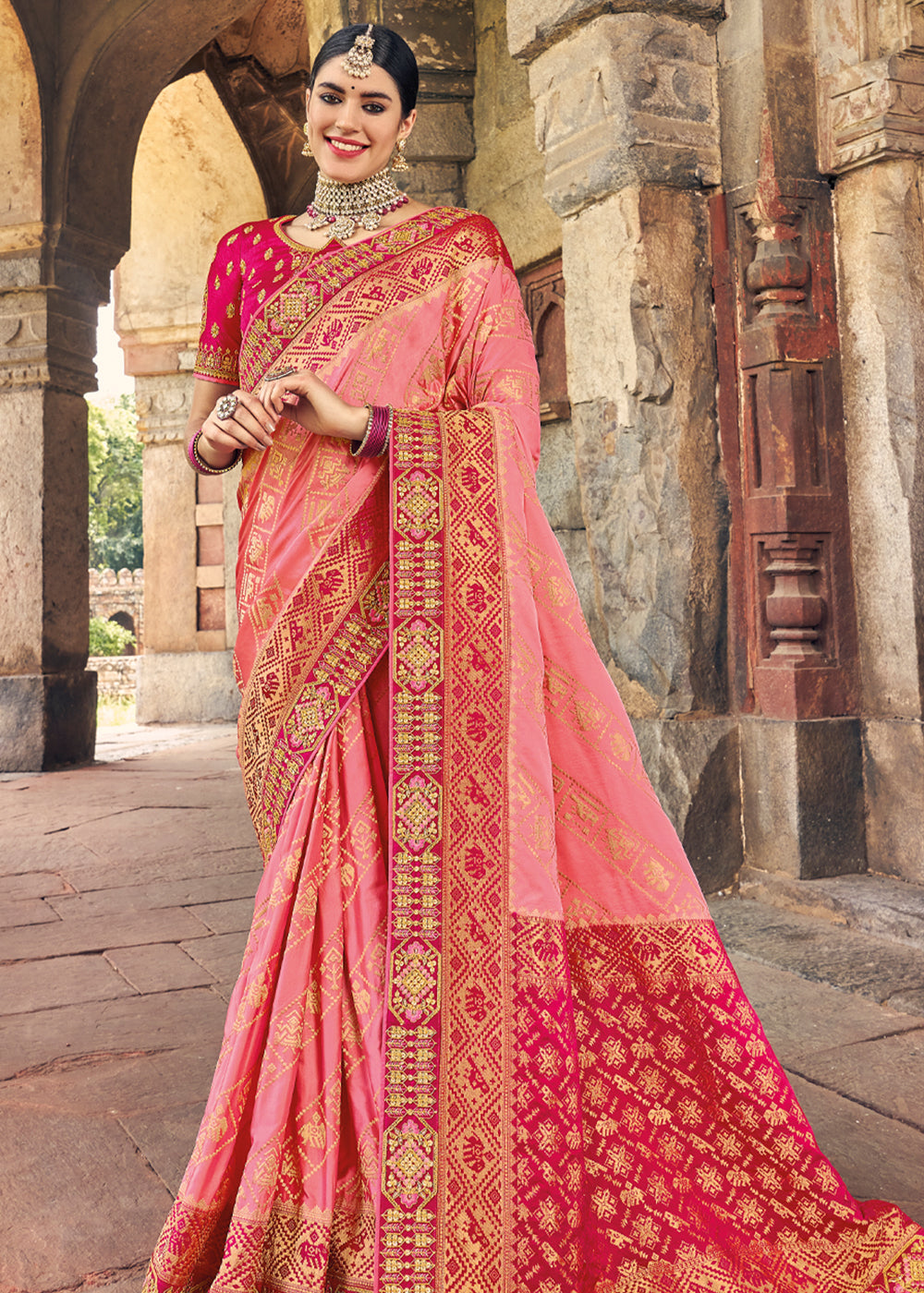 Apricot Pink and Red Zari Woven Designer Banarasi Saree